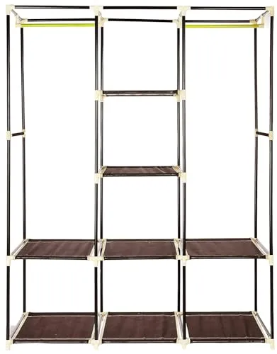 Greeno Wardrobe Storage Organizer for Home, Cloths, Shoes, Foldable with 3 Door 10 Rack Storage Hard PVC Pipes (Brown)