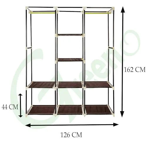 Greeno Wardrobe Storage Organizer for Home, Cloths, Shoes, Foldable with 3 Door 10 Rack Storage Hard PVC Pipes (Brown)