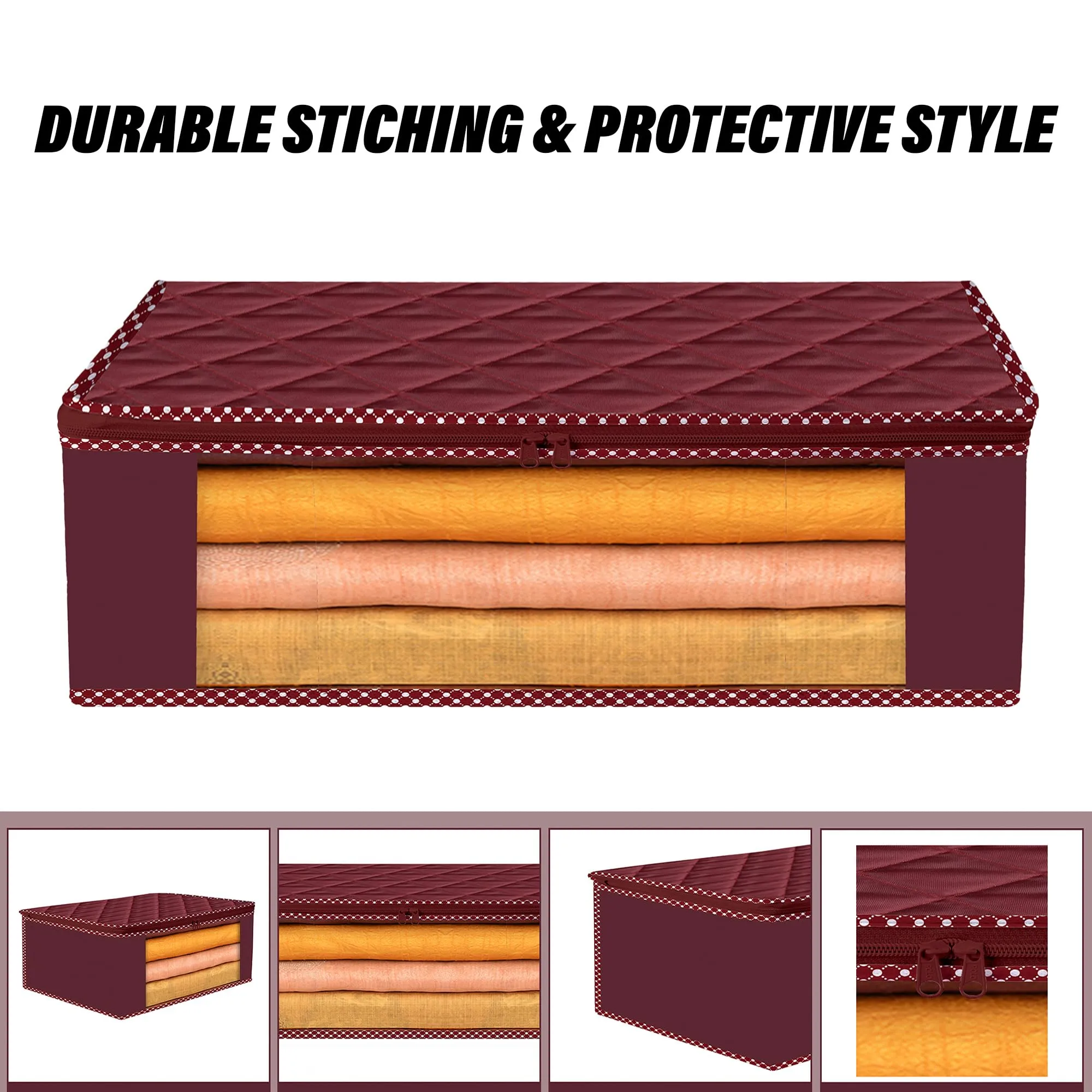 Heart Home Saree Cover | Clothes Storage Bag | Parachute Storage Organizer Bag | Zip Closure Saree Cover | Wardrobe Organizer | Dot Border-Design | 6 Inch | Pack of 6 | Maroon