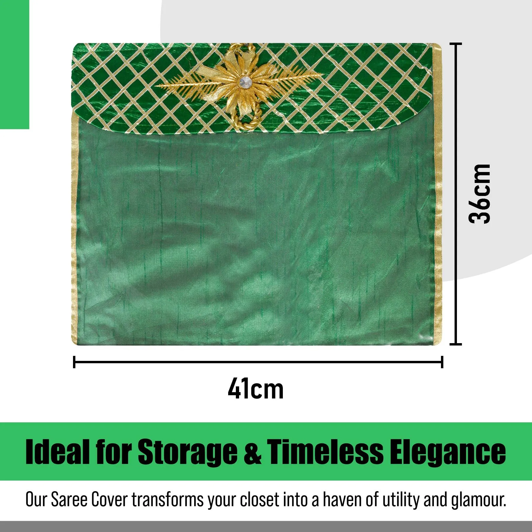 Heart Home Saree Cover | Clothes Storage Bag | Single Packing Saree with Velcro | Wardrobe Organizer | Cloth Stoarge Organizer | Check Jama Brooch-Design | Pack of 3 | Green