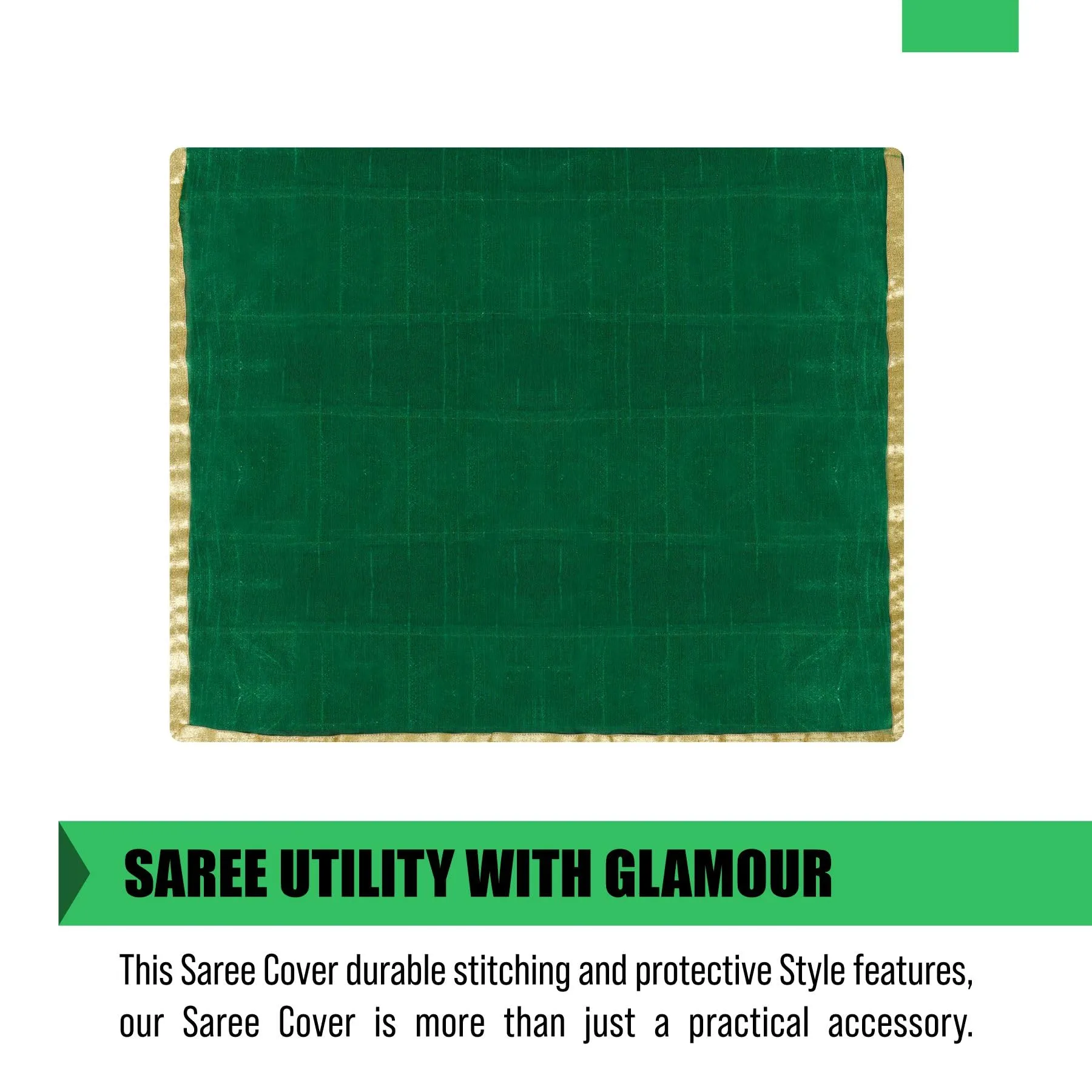 Heart Home Saree Cover | Clothes Storage Bag | Single Packing Saree with Velcro | Wardrobe Organizer | Cloth Stoarge Organizer | Check Jama Brooch-Design | Pack of 3 | Green