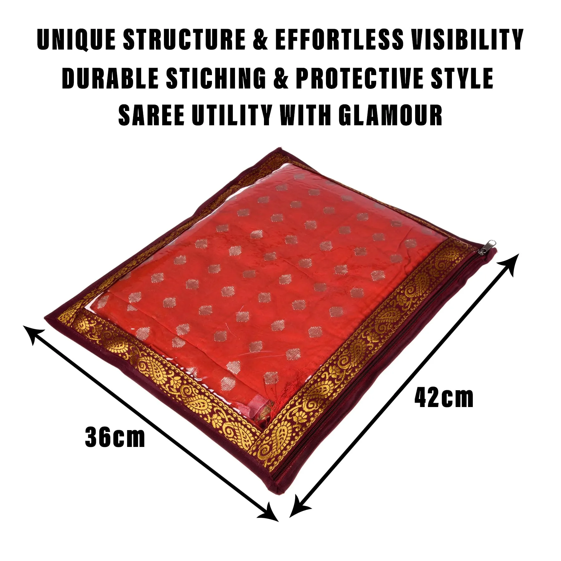 Heart Home Saree Cover | Clothes Storage Bag | Single Packing Saree with Zip Closure | Wardrobe Organizer | Cloth Stoarge Organizer | 4 Side Lace Design | Pack of 6 | Maroon