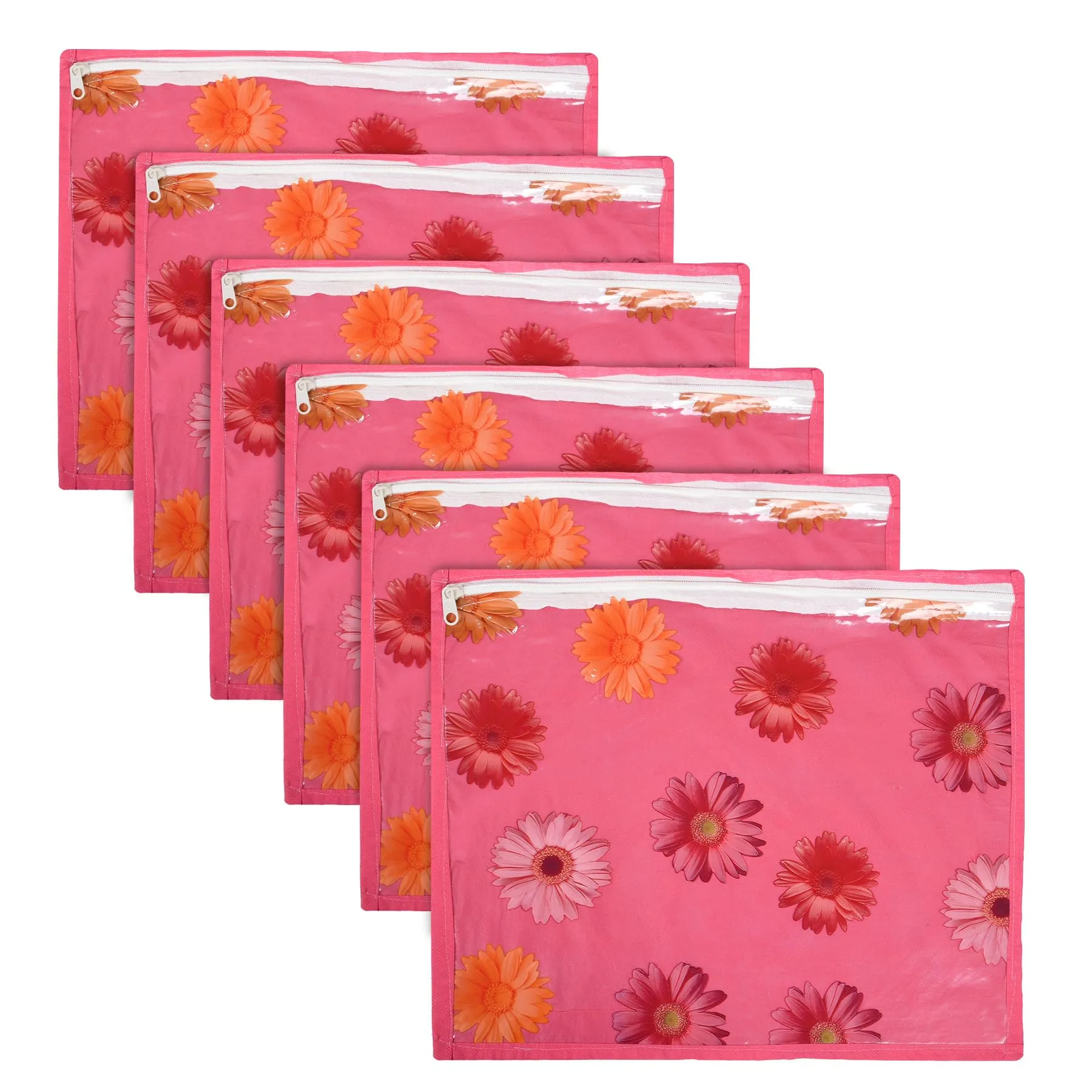 Heart Home Saree Cover | Clothes Storage Bag | Single Packing Saree with Zip Closure | Wardrobe Organizer | Cloth Stoarge Organizer | Flower Design | Pack of 6 | Assorted