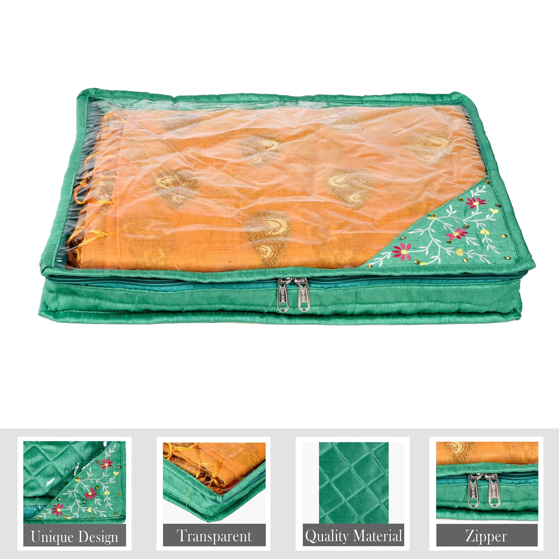 Heart Home Saree Cover | Clothes Storage Bag | Suit Packing Cover | Cloth Stoarge Organizer | Wardrobe Cloth Storage Organiser with Zip | Side Embroidery-Design | 3 Inch | Pack of 3 | Green