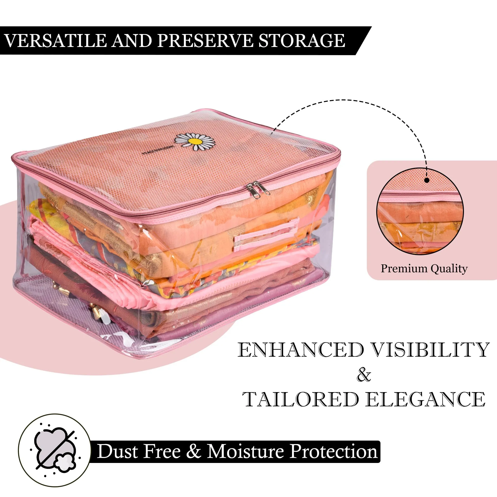 Heart Home Saree Cover|Clothes Storage Bag|Wardrobe Organizer|Cloth Storage Organizer|Net Transparent Saree Bag with Handle|Sunflower Storage Cover|9 Inch|Pink