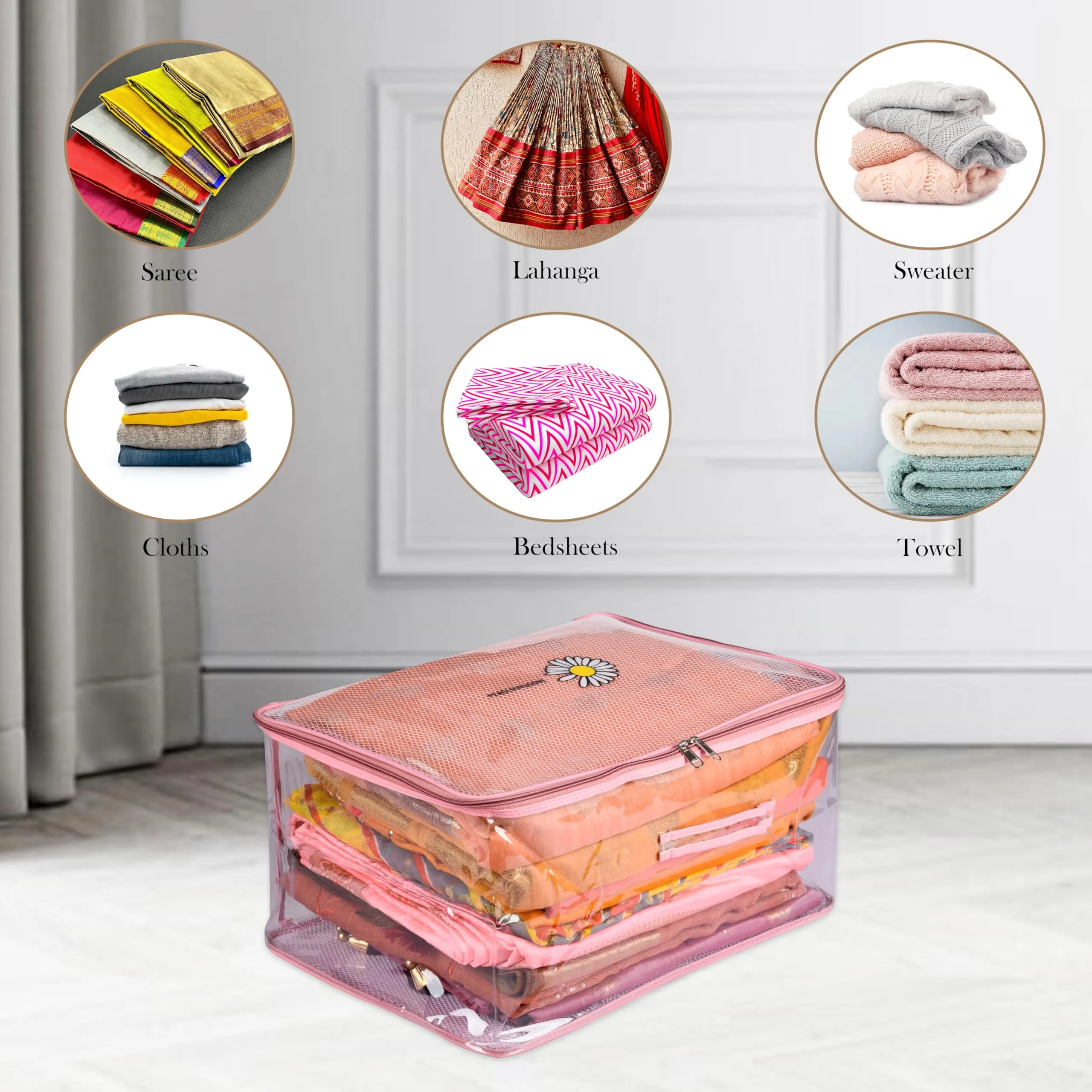 Heart Home Saree Cover|Clothes Storage Bag|Wardrobe Organizer|Cloth Storage Organizer|Net Transparent Saree Bag with Handle|Sunflower Storage Cover|9 Inch|Pink