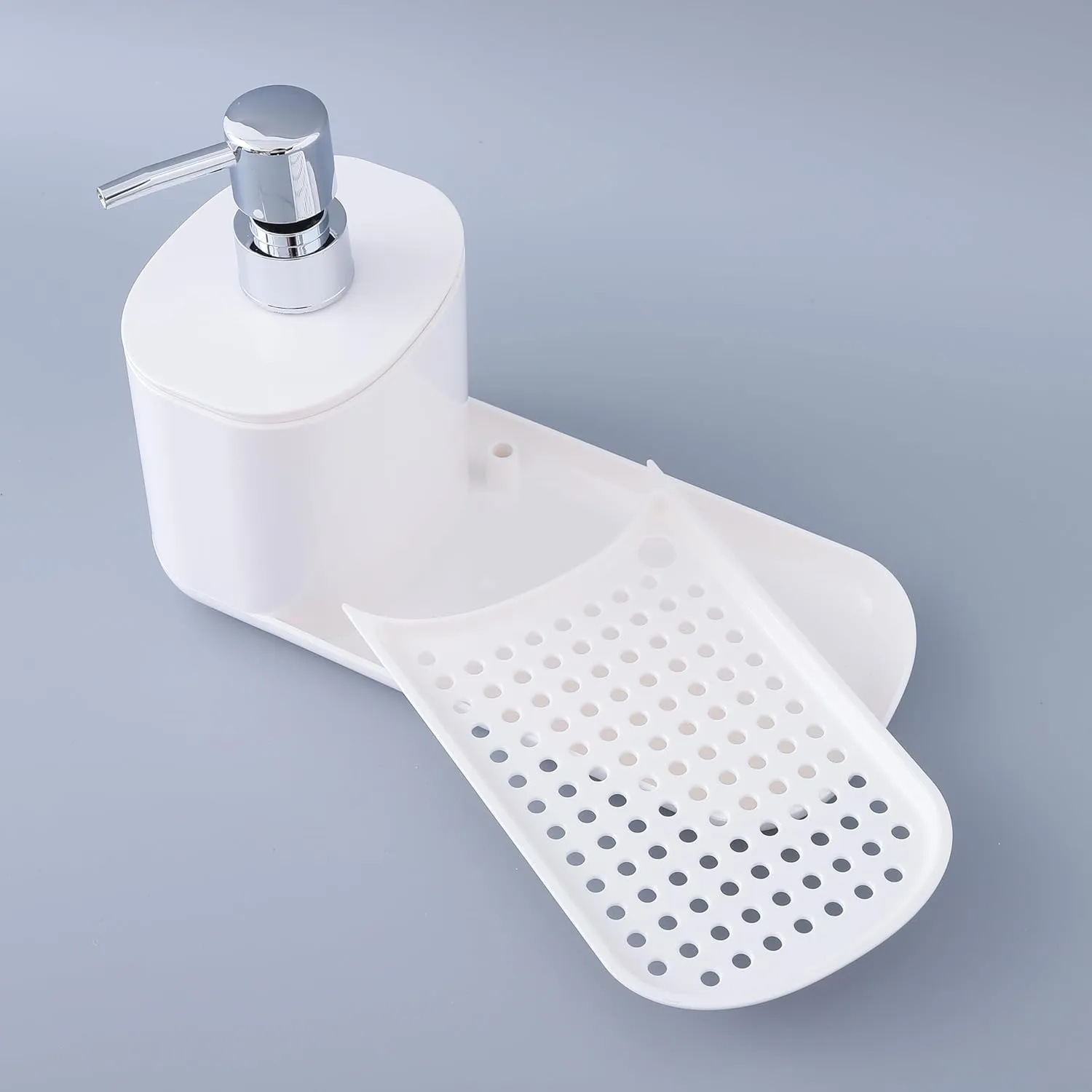 Homestic 3-in-1 Press Soap Dish for Bathroom & Kitchen Sink 550ml | Plastic Soap Dispenser with Sponge Holder & Towel Rack | Kitchen Accessories Items| Handwash Dispenser |White.