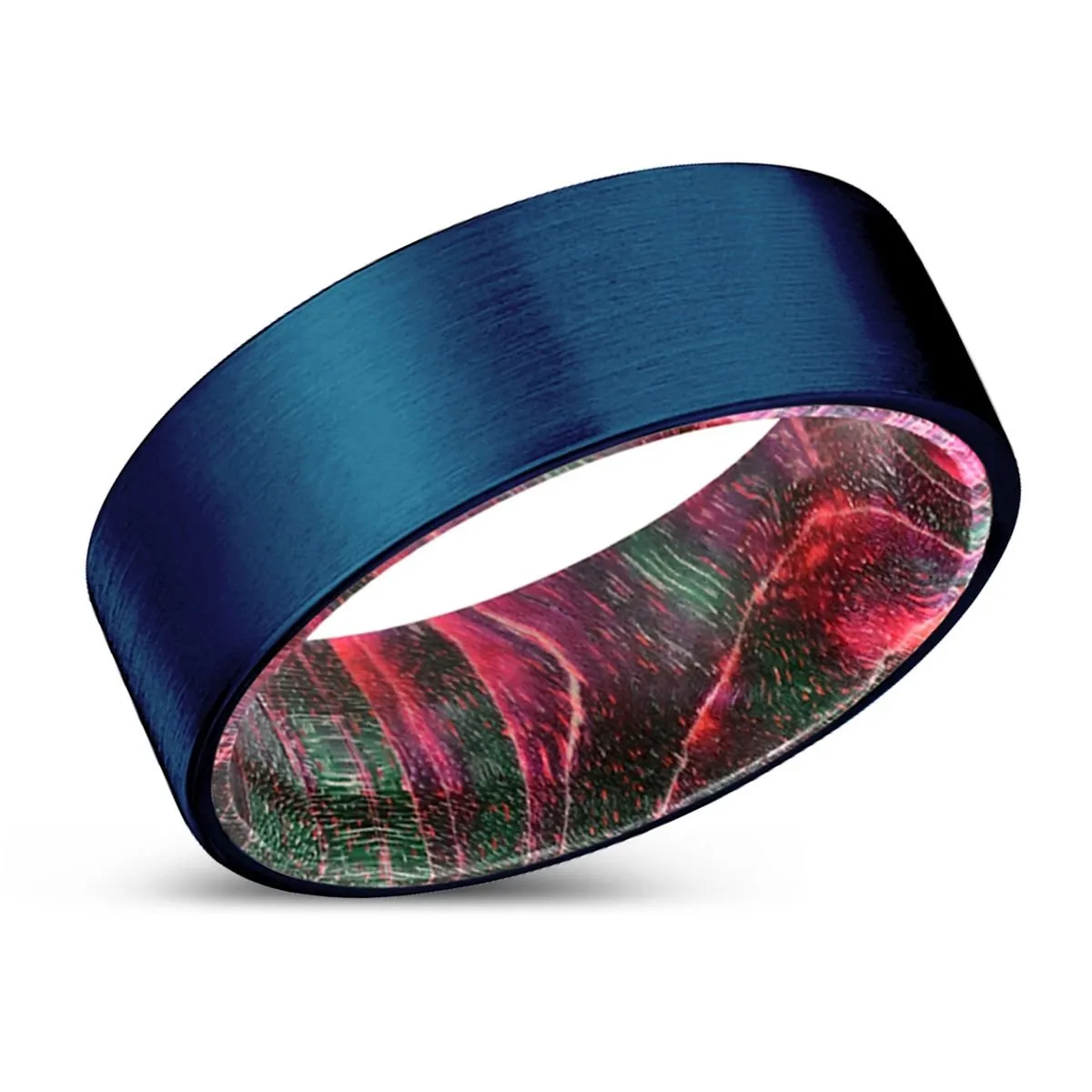 INDIE | Green & Red Wood, Blue Tungsten Ring, Brushed, Flat