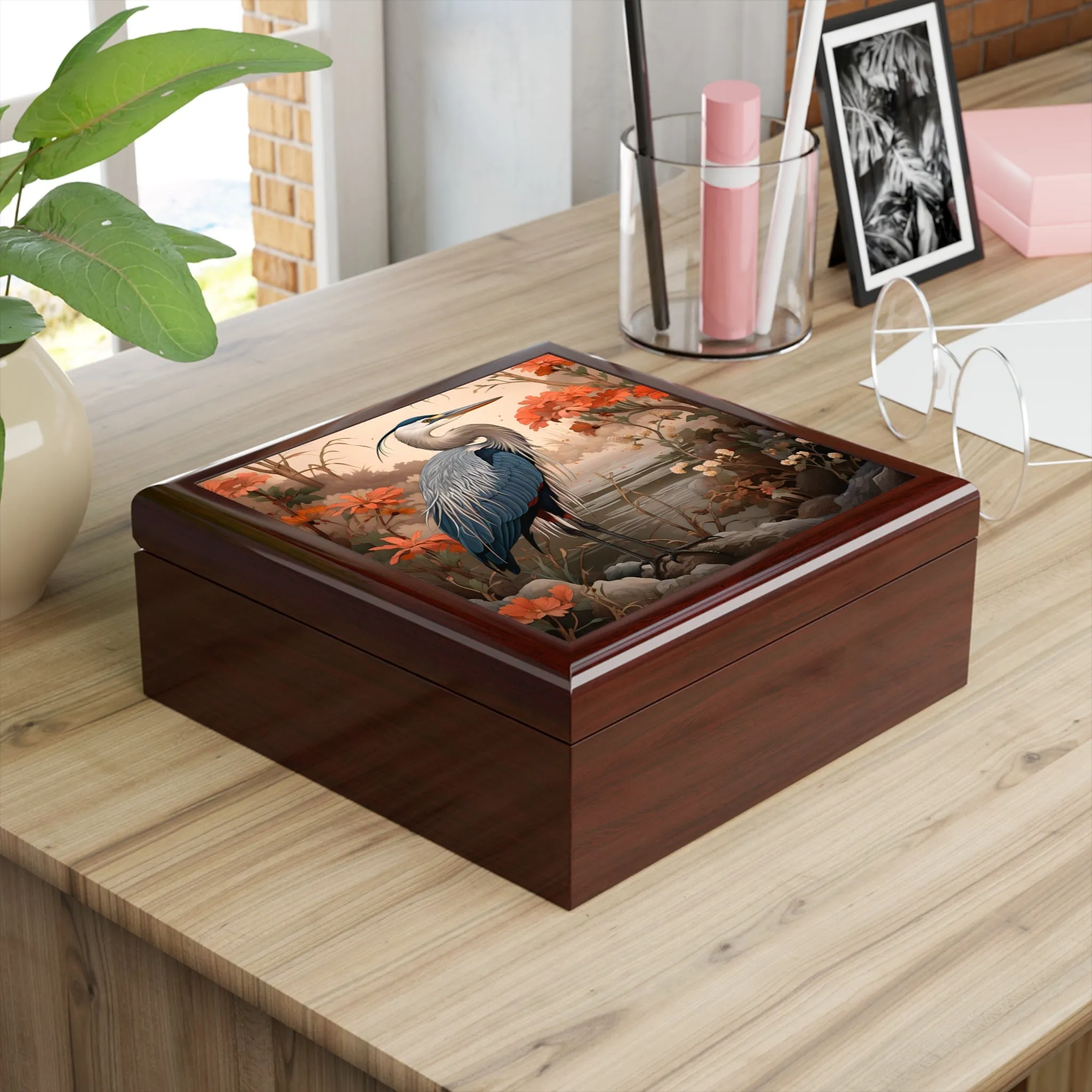 Japandi Style Great Blue Heron Artwork Gift and Jewelry Box