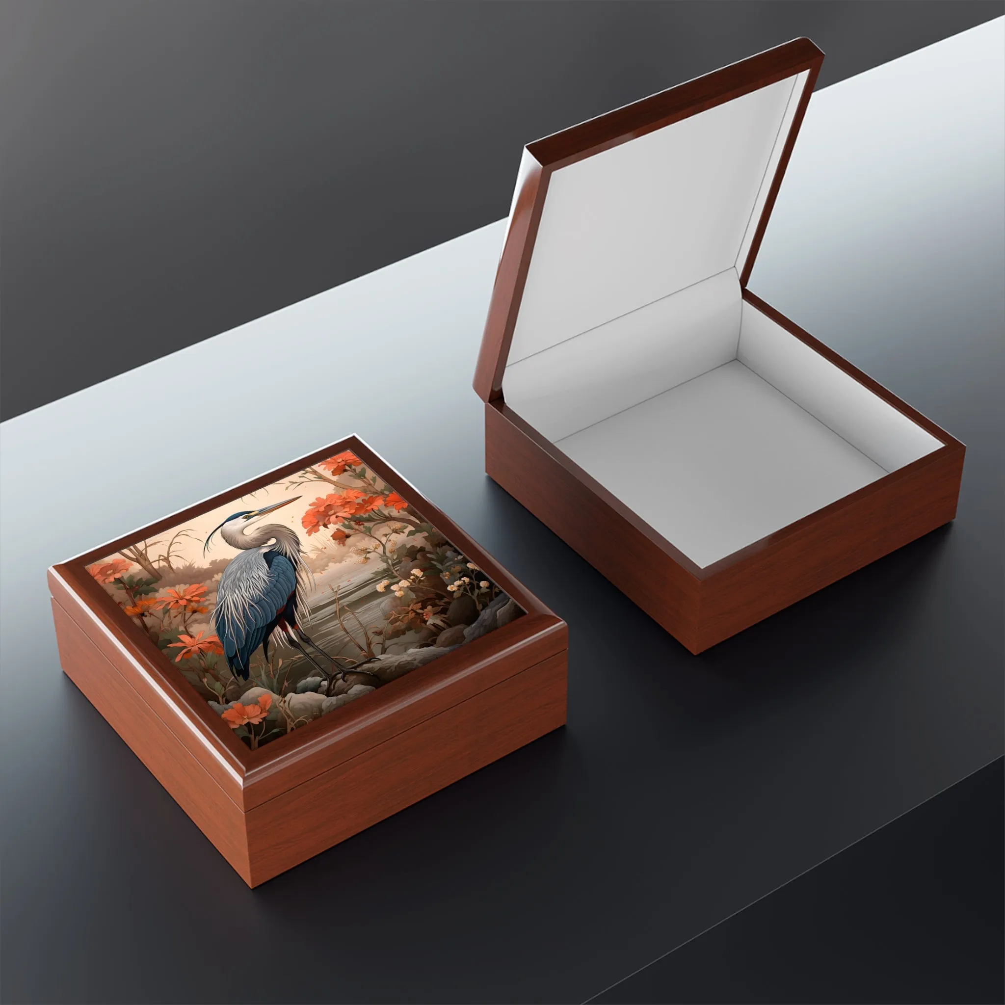 Japandi Style Great Blue Heron Artwork Gift and Jewelry Box