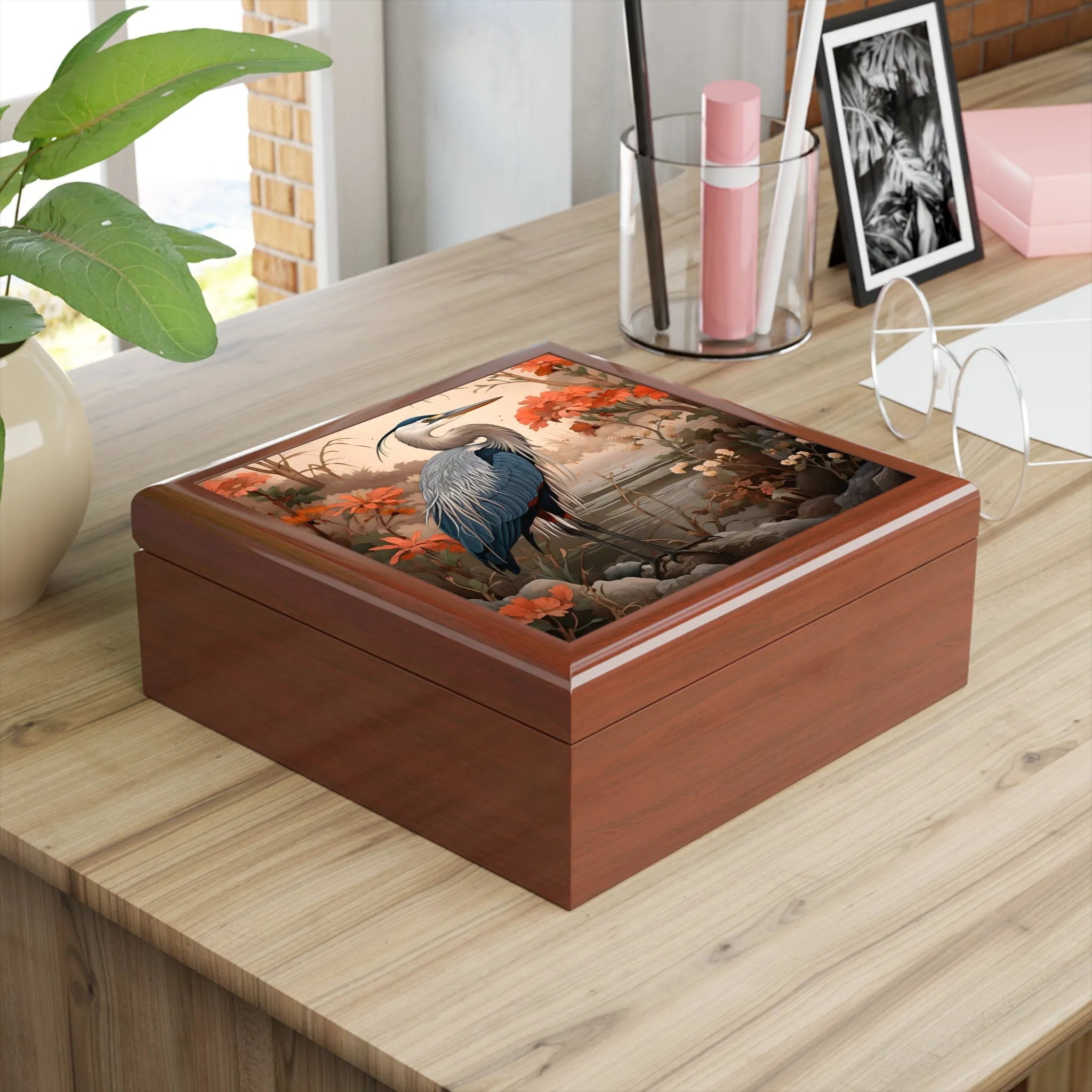 Japandi Style Great Blue Heron Artwork Gift and Jewelry Box