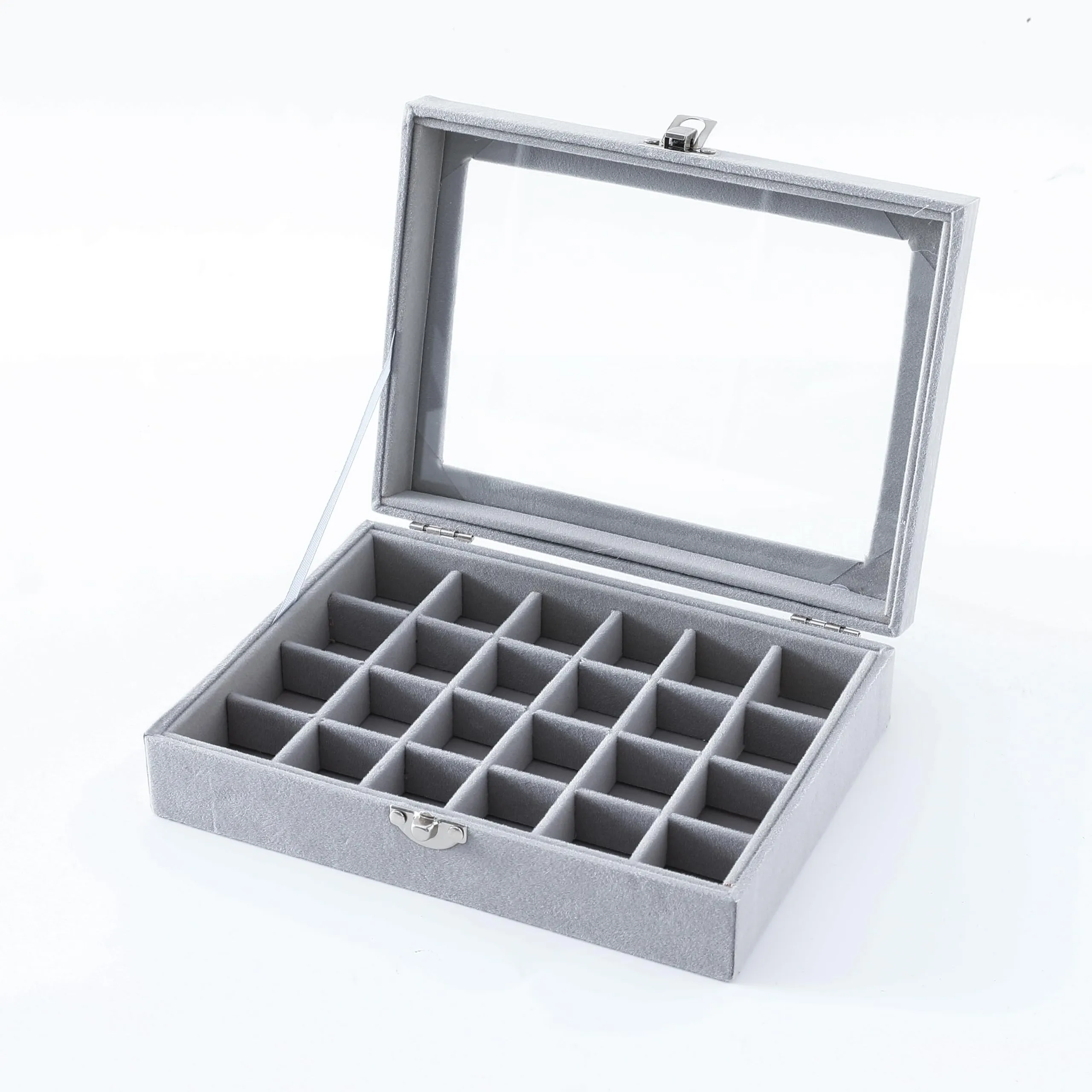 Kuber Industries 24 Grids Velvet Jewelry Box Organizer | Jewelry Storage Box | Jewelry Organizer | Showcase Holder Dresser Organizer for Earring Necklace Bracelet Ring | Pack of 1 | YBLG03 | Grey