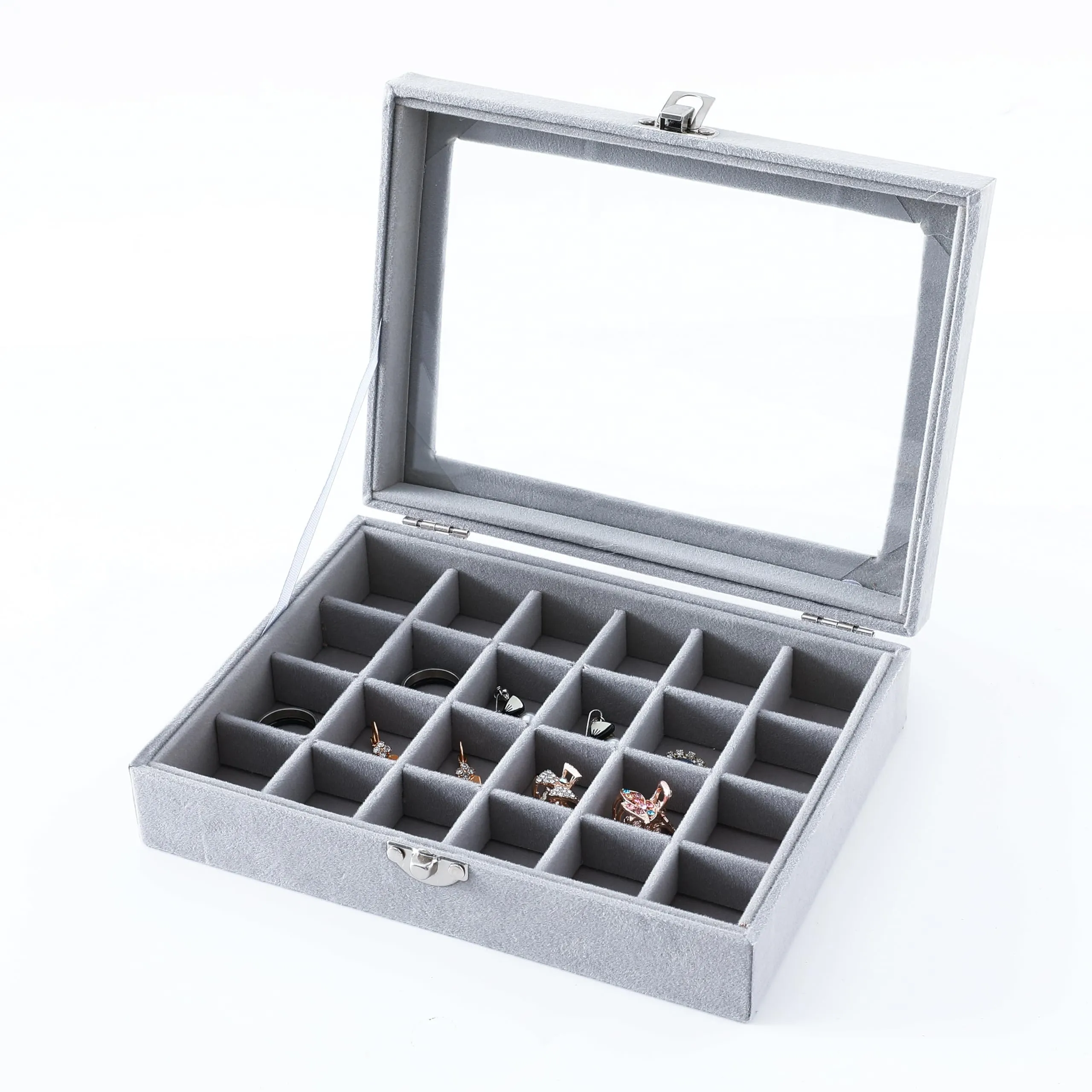 Kuber Industries 24 Grids Velvet Jewelry Box Organizer | Jewelry Storage Box | Jewelry Organizer | Showcase Holder Dresser Organizer for Earring Necklace Bracelet Ring | Pack of 1 | YBLG03 | Grey