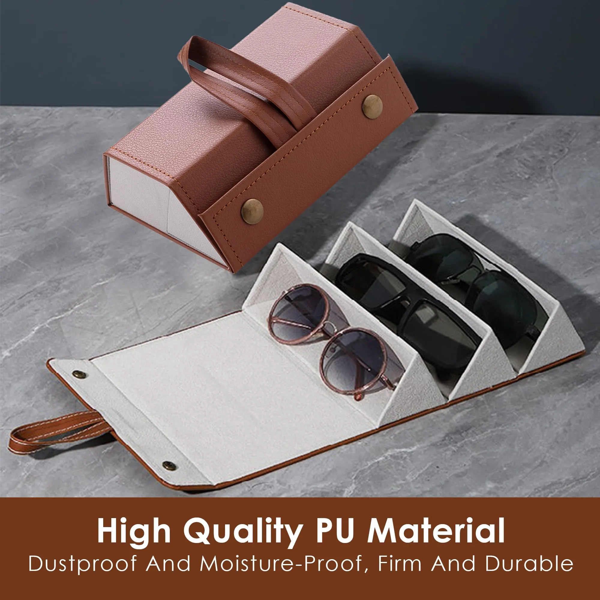 Kuber Industries 3 Slots Sunglasses Organizer | Hanging And Foldable Eyeglasses Case | Eyewear Display Containers For Women And Men | PU Leather Goggles Organizer Box Case | Brown | Pack of 5