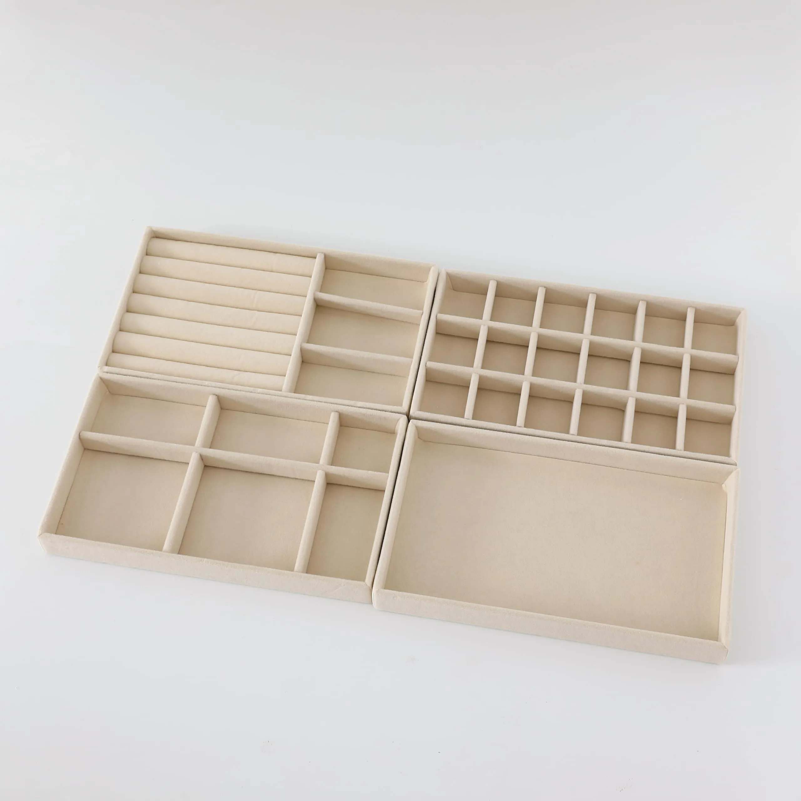 Kuber Industries 4 Pieces Velvet Jewelry Trays Organizer | Jewelry Storage Box | Jewelry Organizer | Showcase Holder Dresser Organizer for Earring Necklace Bracelet Ring |Pack of 1 | YBL4-01 | Beige