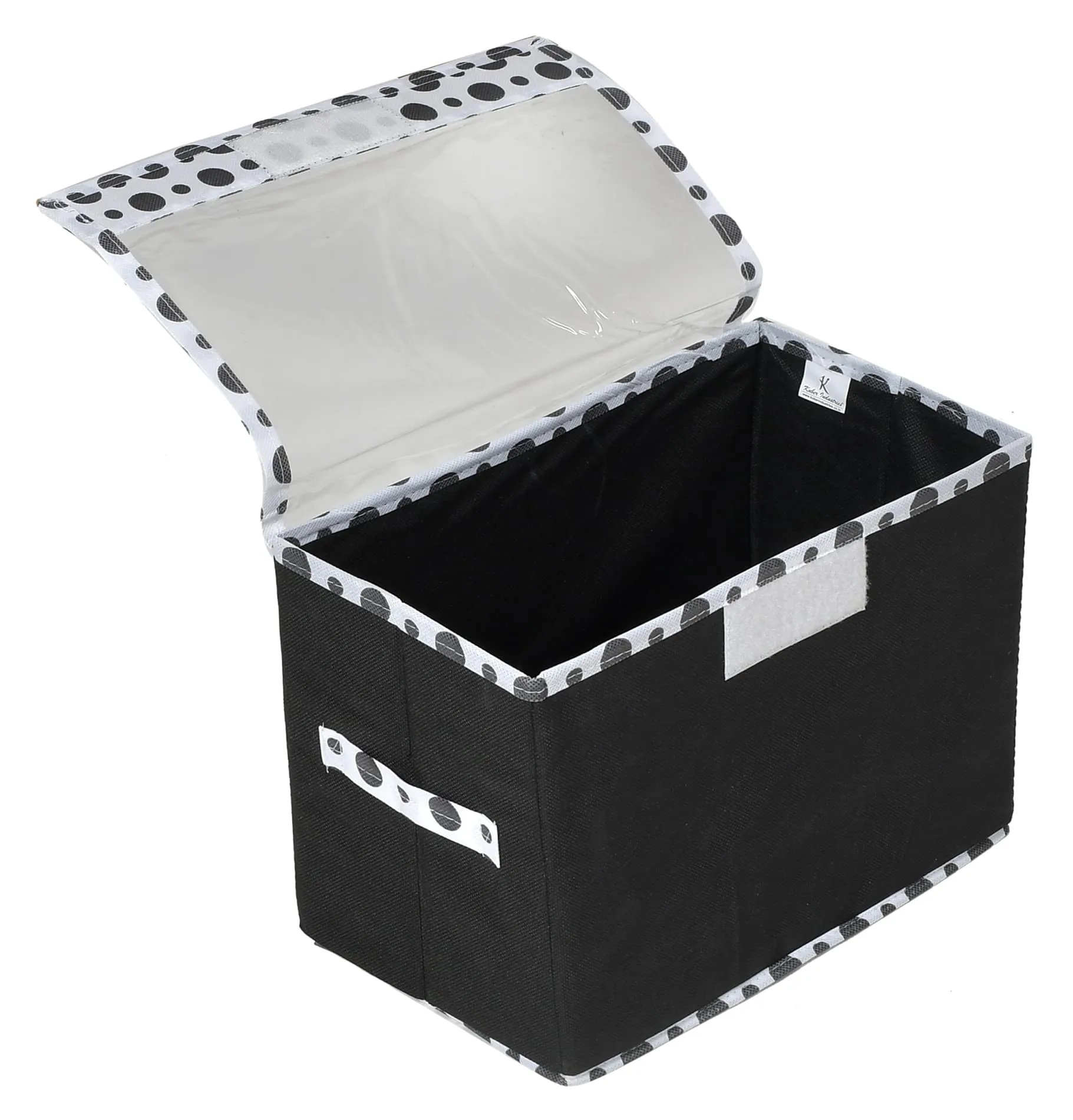 Kuber Industries Dot Printed Multiuses Large Non-Woven Storage Box/Organizer With Tranasparent Lid (Black) -44KM0421