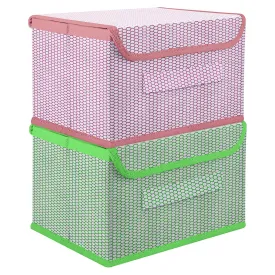 Kuber Industries Drawer Storage Box | Foldable Dhakkan Storage Box | Non-Woven Clothes Organizer For Toys | Storage Box with Handle | Medium | Pack of 2 | Green & Pink