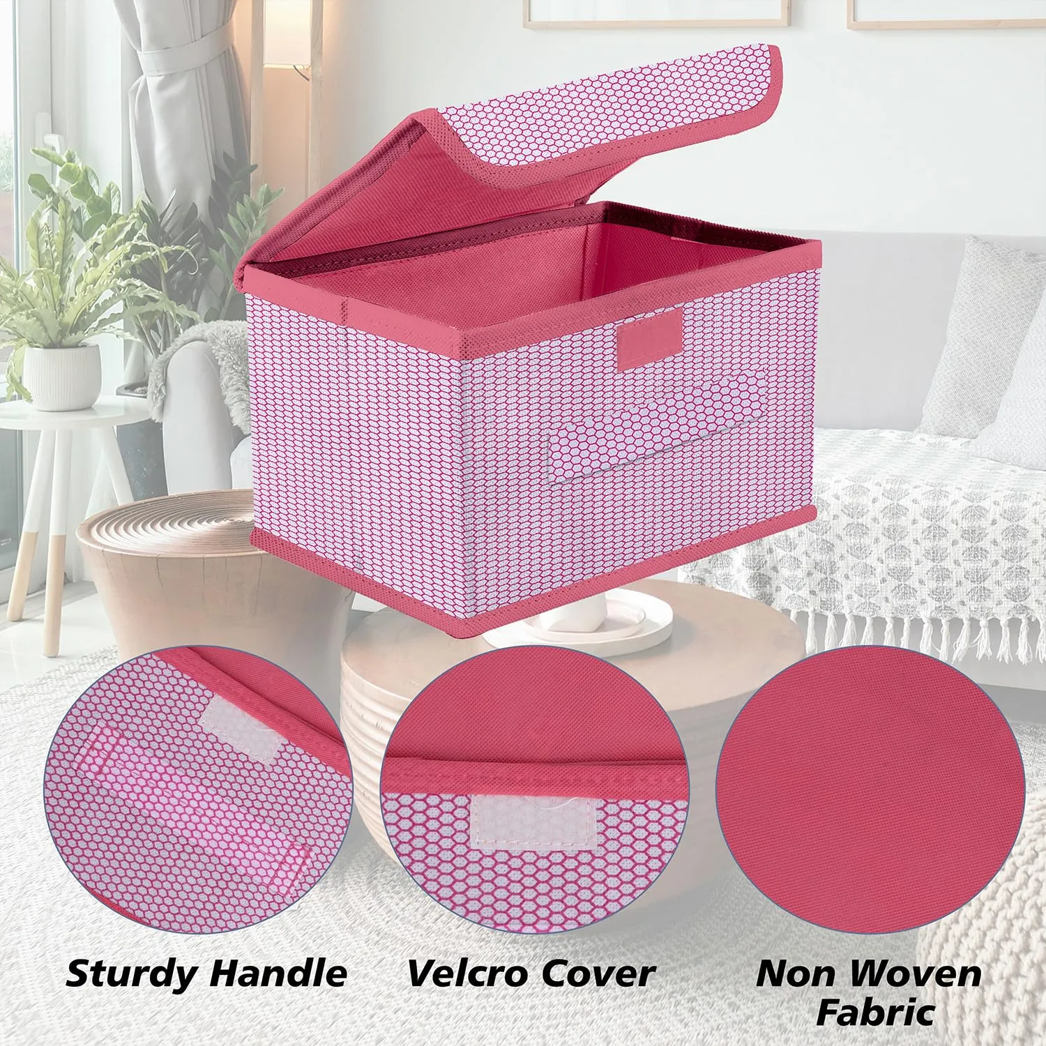 Kuber Industries Drawer Storage Box | Zig Zag Dhakkan Storage Box | Non-Woven Clothes Organizer For Toys | Storage Box with Handle | Medium | Pack of 3 | Pink