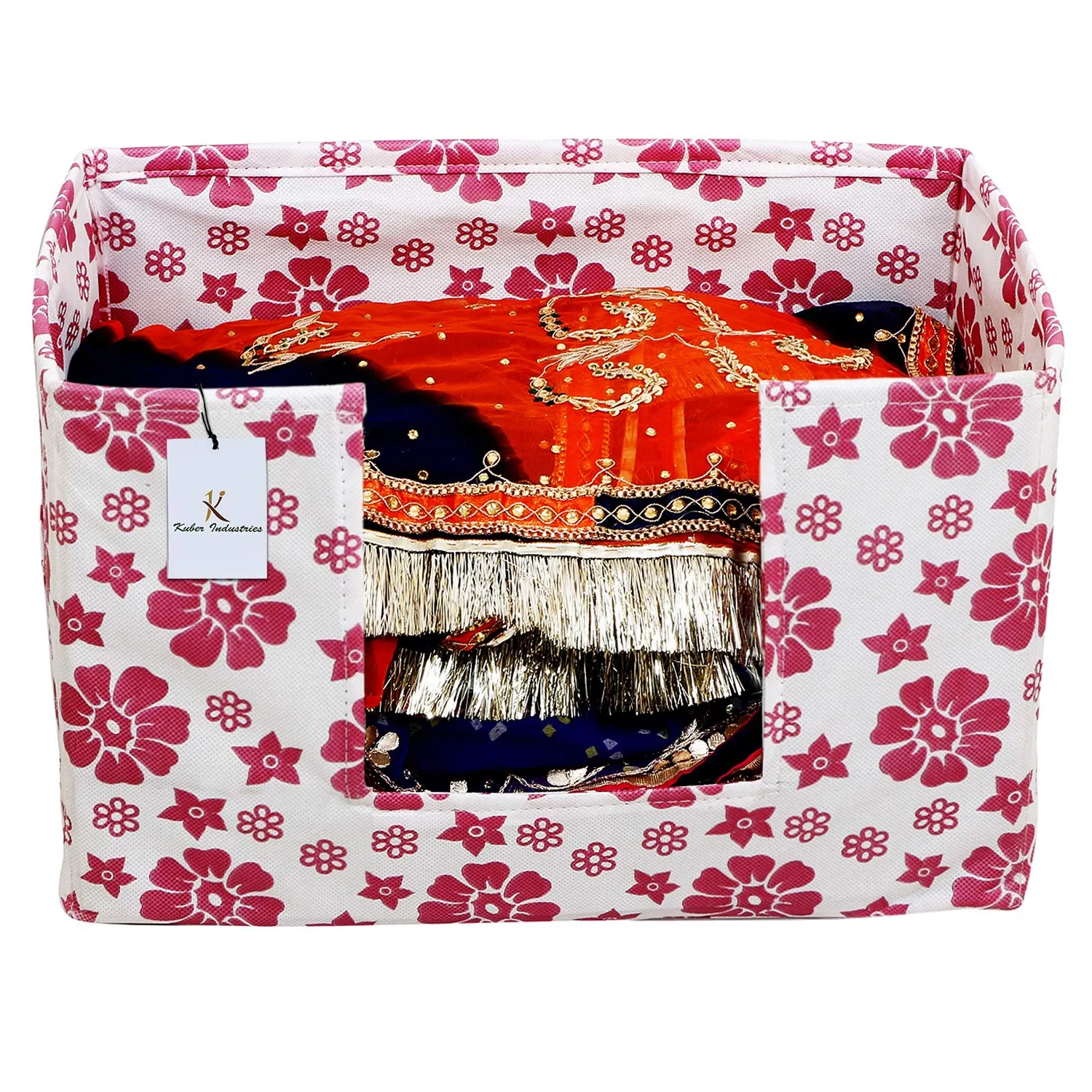 Kuber Industries Flower Design Large Capacity Space Saver Closet, Stackable and Foldable Saree, Clothes Storage Bag, Non-Woven Rectangle Cloth Saree Stacker Wardrobe Organizer (Pink) CTKTC034547