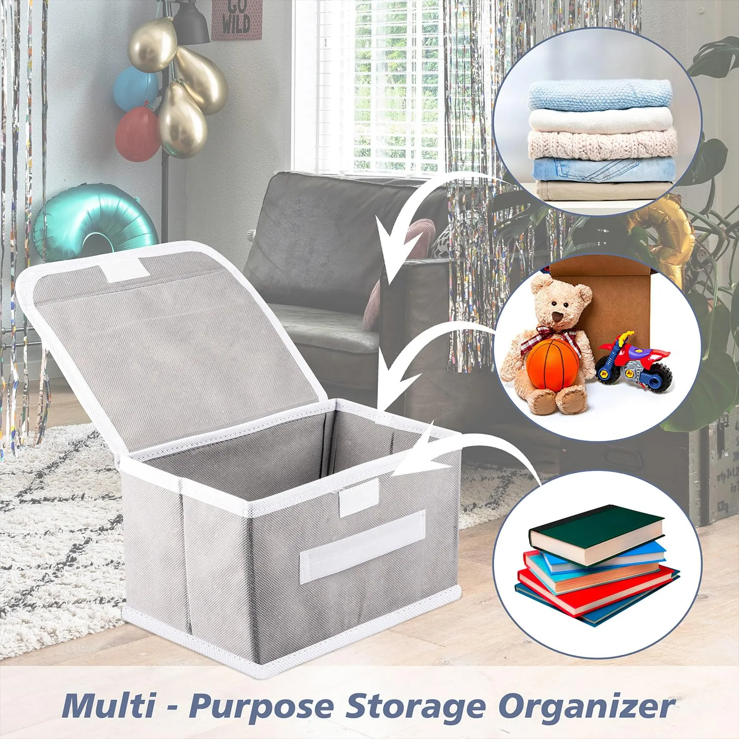 Kuber Industries Foldable Boxes For Storage - (Pack of 2) Multipurpose Storage Organizer For Clothes | Wardrobe | Closet | Toys | Books - Undergarment Organizer Basket With Handle And Lid (Grey)