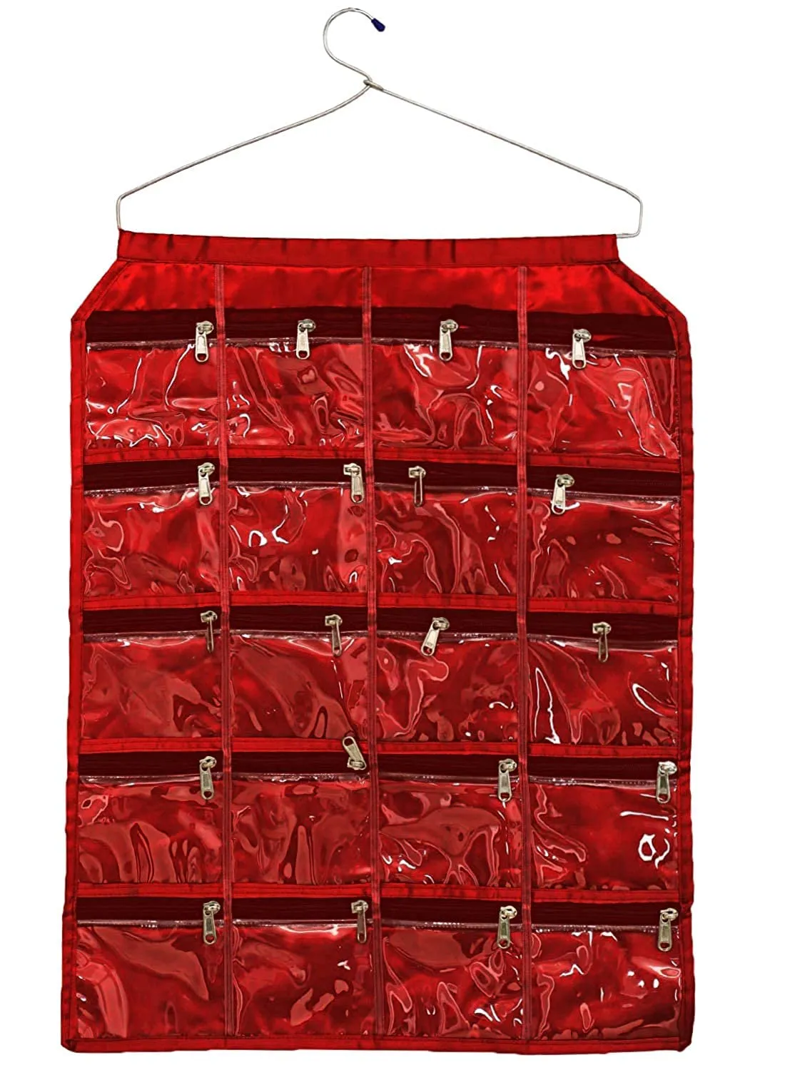 Kuber Industries Foldable Jewellery Organizer With 12 Tranapasrent Zippered Pockets For Storing Jewelry, Bracelets, Earrings, Hair Accessories, Rings etc (Maroon) -HS_38_KUBMART21039, Pack of 1