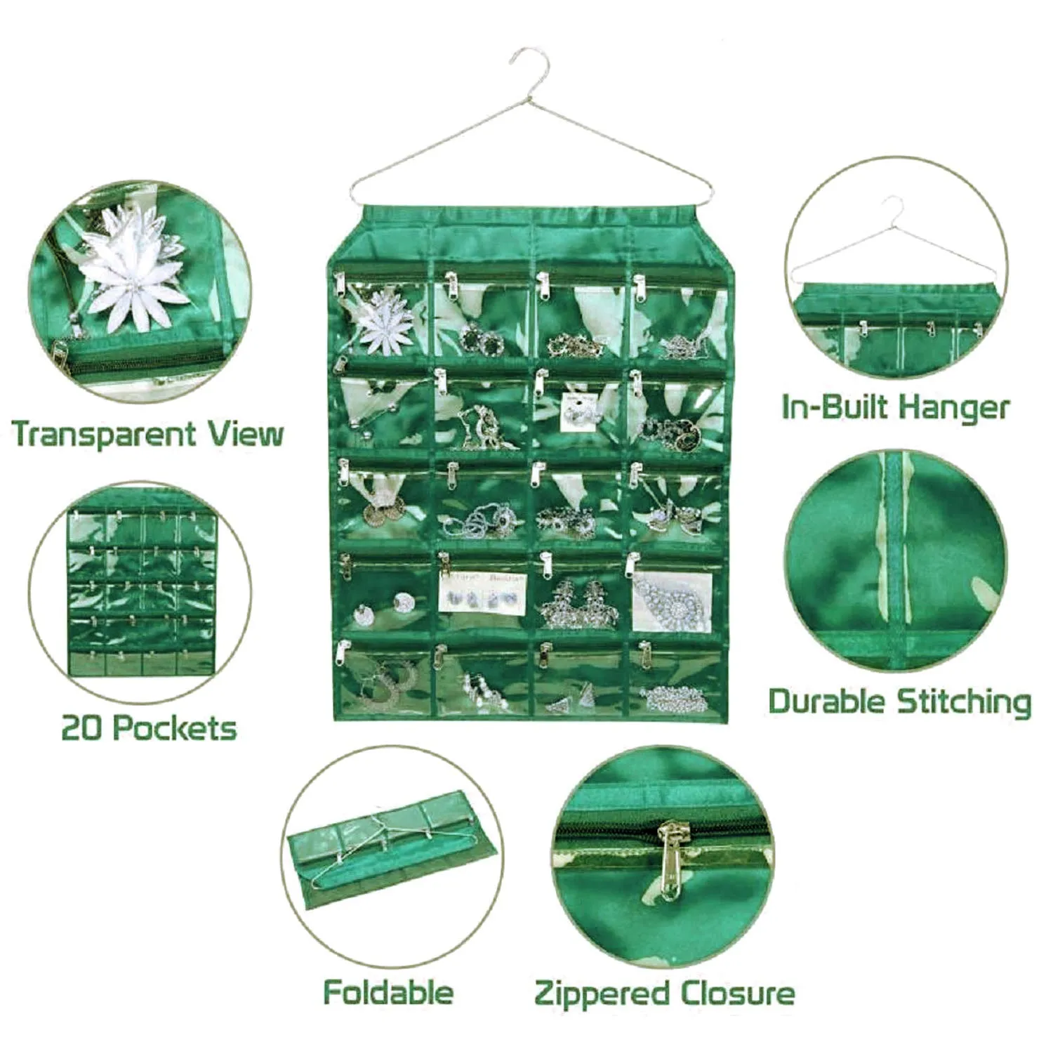 Kuber Industries Hanging Jewellery Organisers with 20 Zipper Pockets|Metal Hanger|Zipper Pockets (Green)