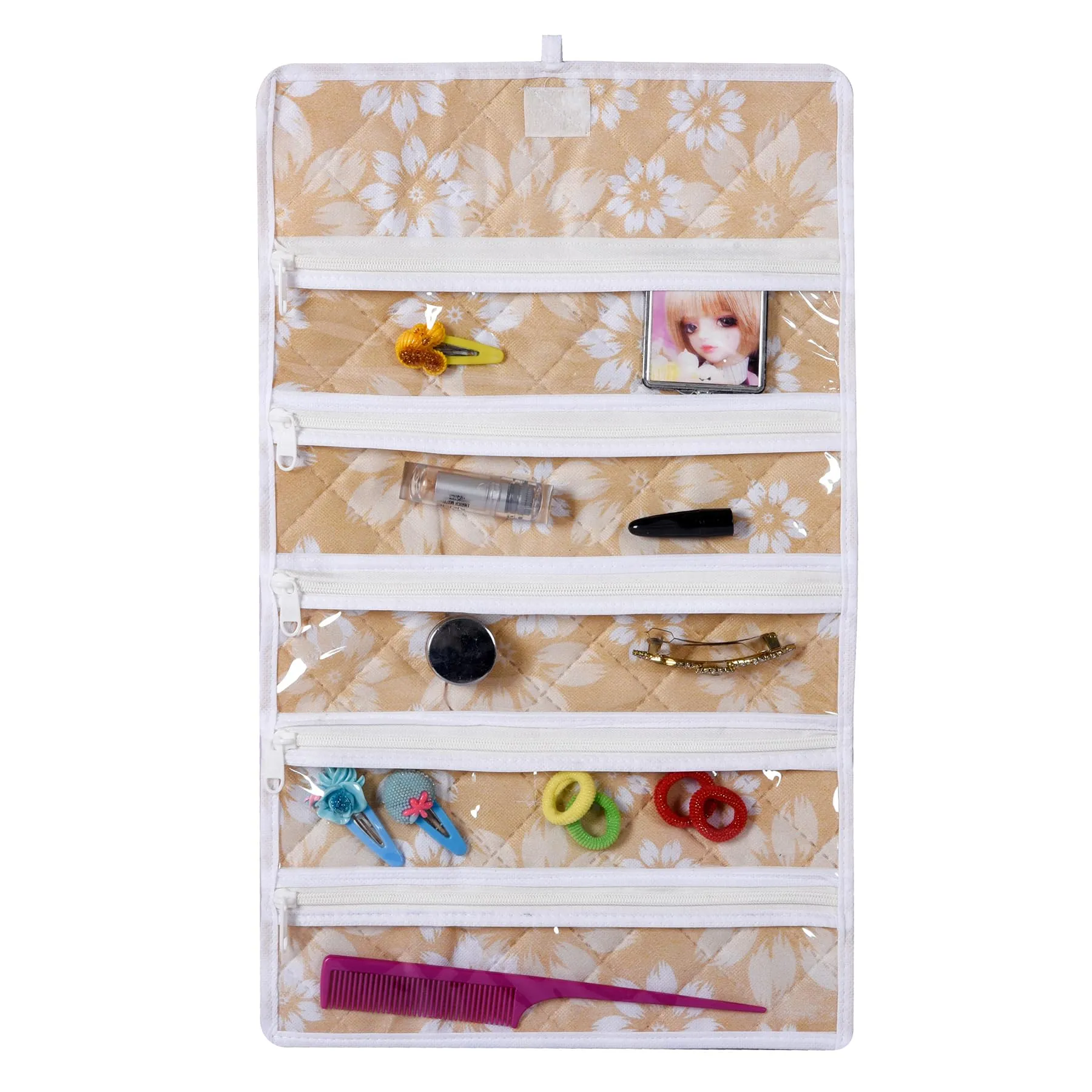 Kuber Industries Hanging Makeup Organizer | Waterproof Watches Organizer | 5 Pocket Jewellery Organizer | Cosmetic Organizer with Velcro | Foldable Payal Kit | Flower Quilted | Golden