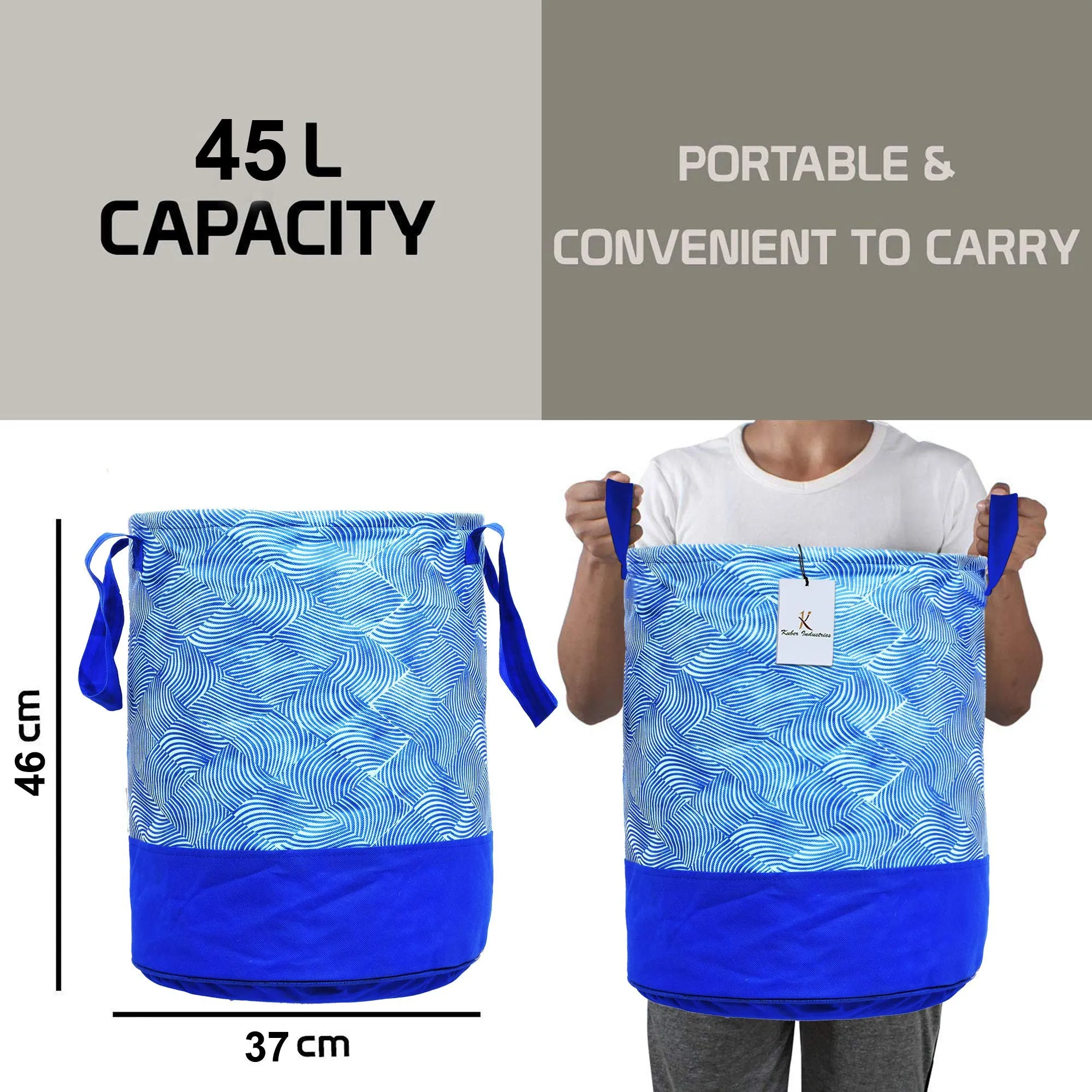 Kuber Industries Laheriya Printed Waterproof Canvas Laundry Bag|Toy Storage|Laundry Basket Organizer 45 L |Pack of 2 (Blue)