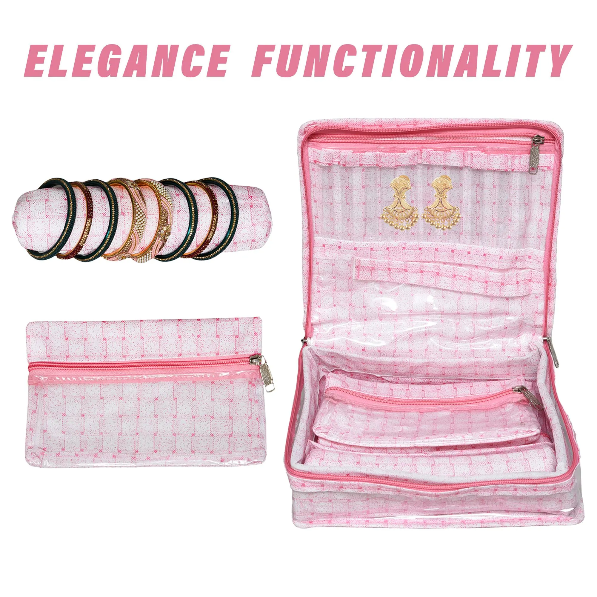 Kuber Industries Makeup Storage Bag | Vanity Box for woman | Laminated Watch Organizer | Cosmetic Storage Kit | Locker Makeup Kit | 4 Pouches & 1 Bangle Rod | Check-Design | Pink