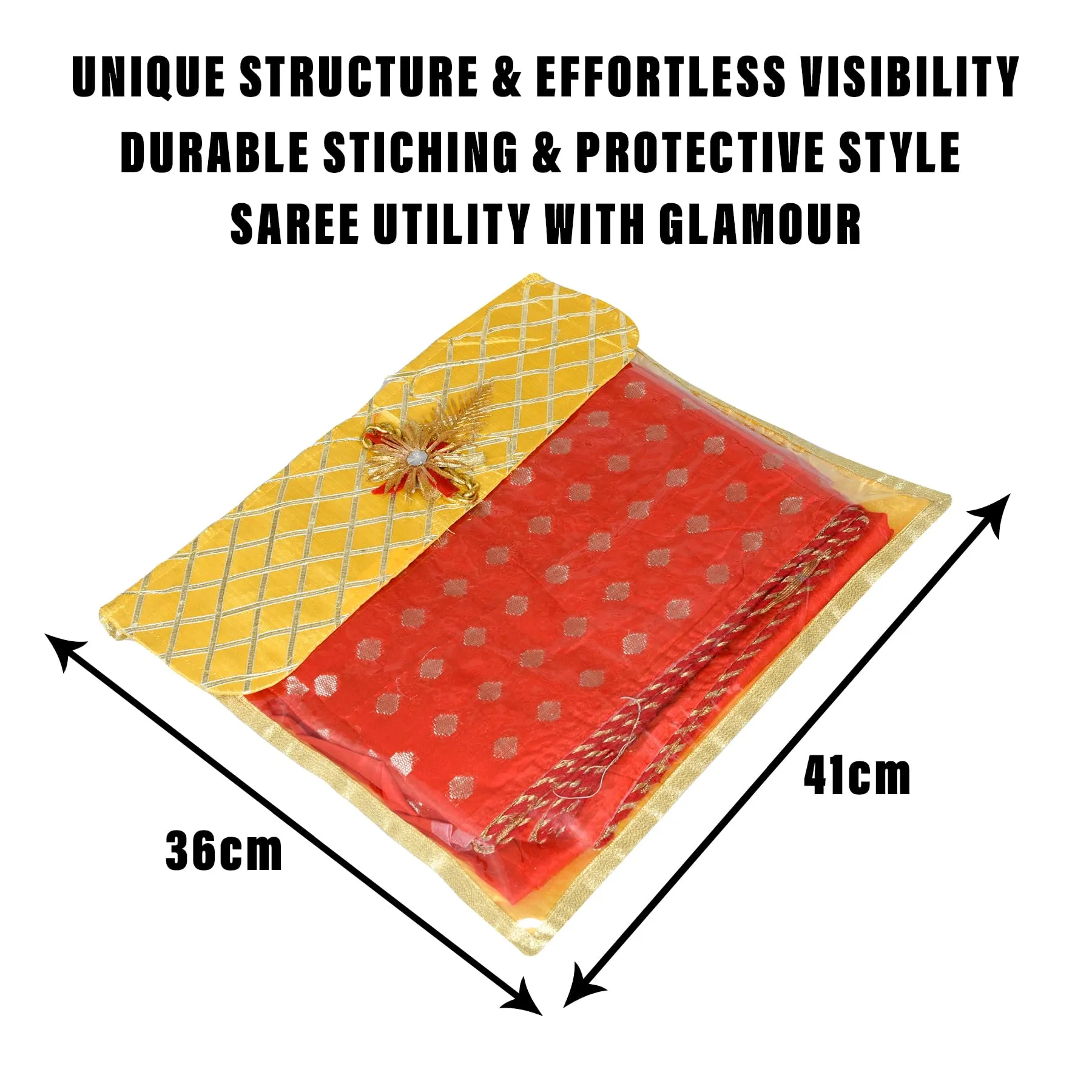 Kuber Industries Saree Cover | Clothes Storage Bag | Single Packing Saree with Velcro | Wardrobe Organizer | Cloth Stoarge Organizer | Check Jama Brooch-Design | Pack of 12 | Yellow