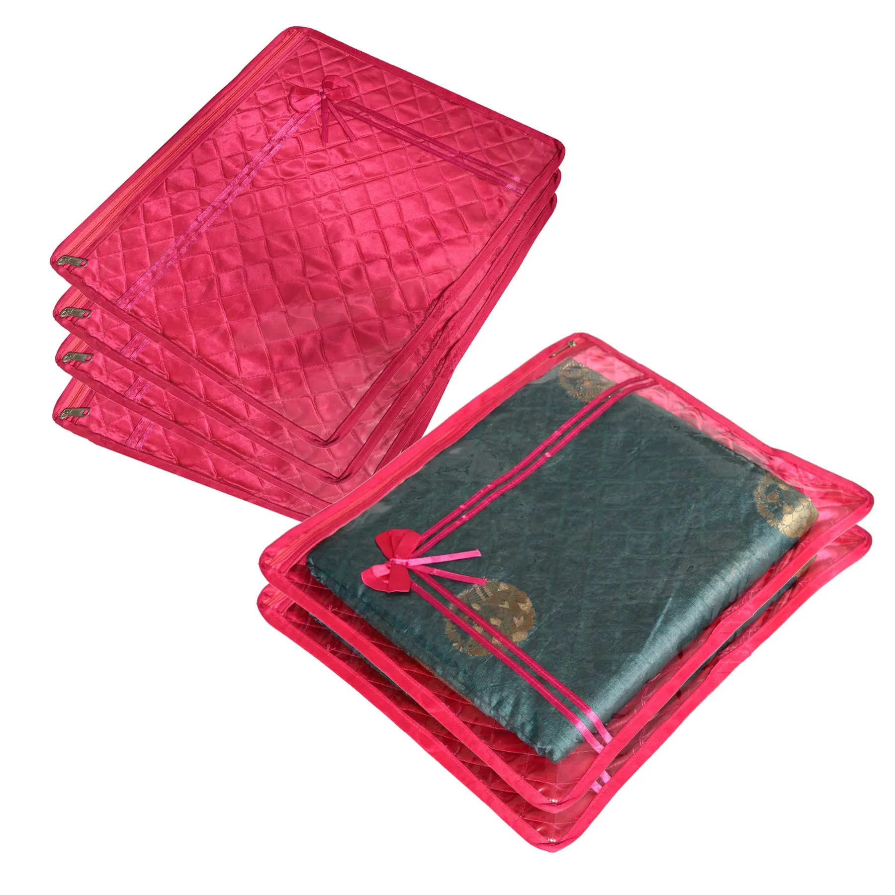 Kuber Industries Saree Cover | Clothes Storage Bag | Single Packing Saree with Zip Closure | Wardrobe Organizer | Cloth Stoarge Organizer | Bow-Design | Pack of 6 | Pink