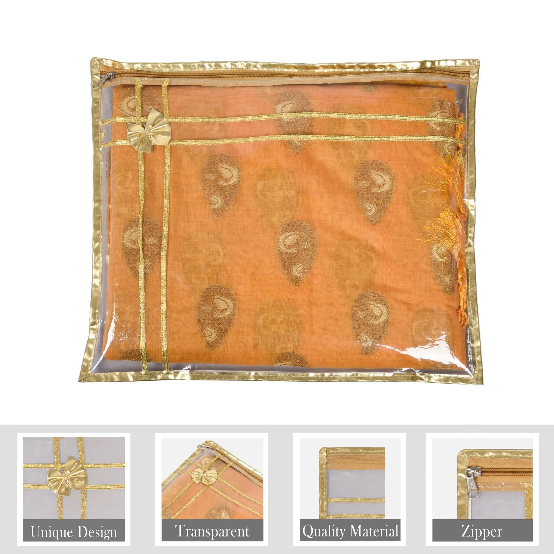 Kuber Industries Saree Cover | Clothes Storage Bag | Single Packing Saree with Zip Closure | Wardrobe Organizer | Cloth Stoarge Organizer | Bow Design with Golden Border | Pack of 3 | Transparent