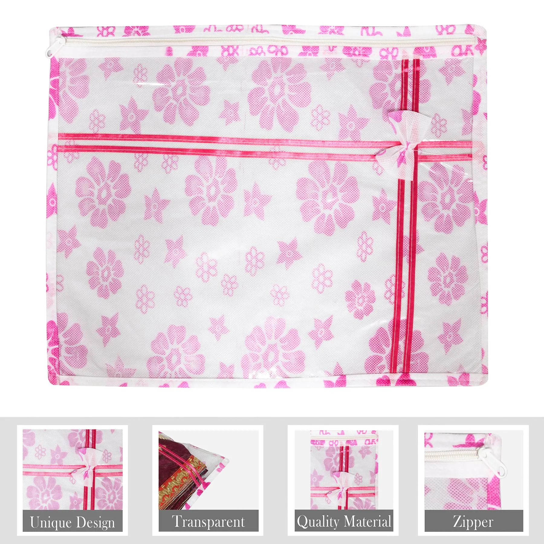 Kuber Industries Saree Cover | Clothes Storage Bag | Single Packing Saree with Zip Closure | Wardrobe Organizer | Cloth Stoarge Organizer | Bow Pink Flower-Design | Pack of 12 | White