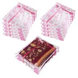 Kuber Industries Saree Cover | Clothes Storage Bag | Single Packing Saree with Zip Closure | Wardrobe Organizer | Cloth Stoarge Organizer | Bow Pink Flower-Design | Pack of 12 | White