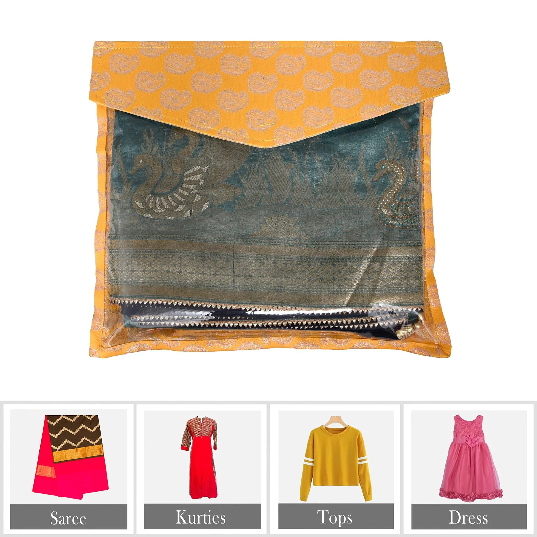 Kuber Industries Saree Cover | Clothes Storage Bag | Single Packing Saree with Zip Closure | Wardrobe Organizer | Cloth Stoarge Organizer | Carry Jama-Design | Pack of 12 | Yellow