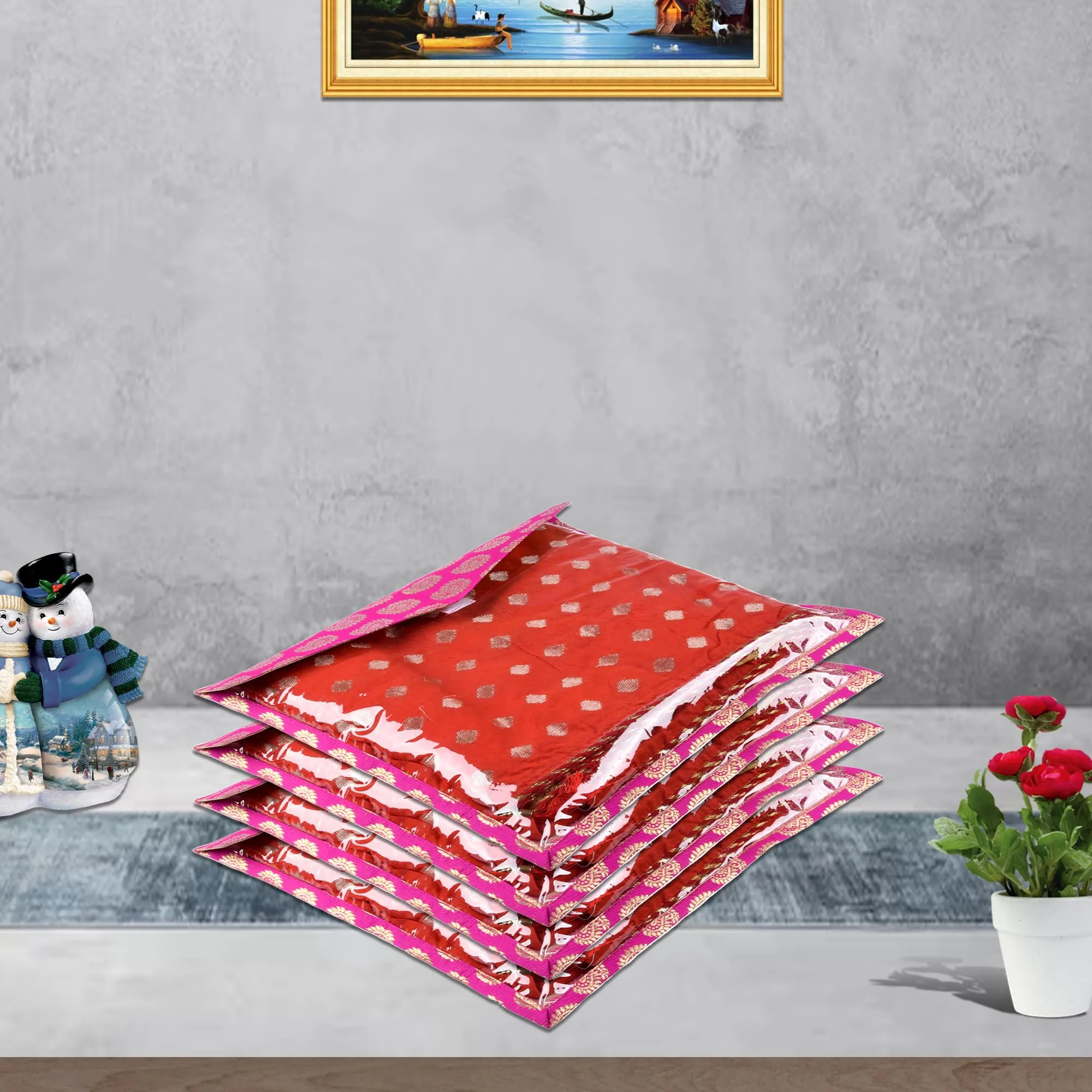 Kuber Industries Saree Cover | Clothes Storage Bag | Single Packing Saree with Zip Closure | Wardrobe Organizer | Cloth Stoarge Organizer | Carry Jama-Design | Pack of 6 | Pink