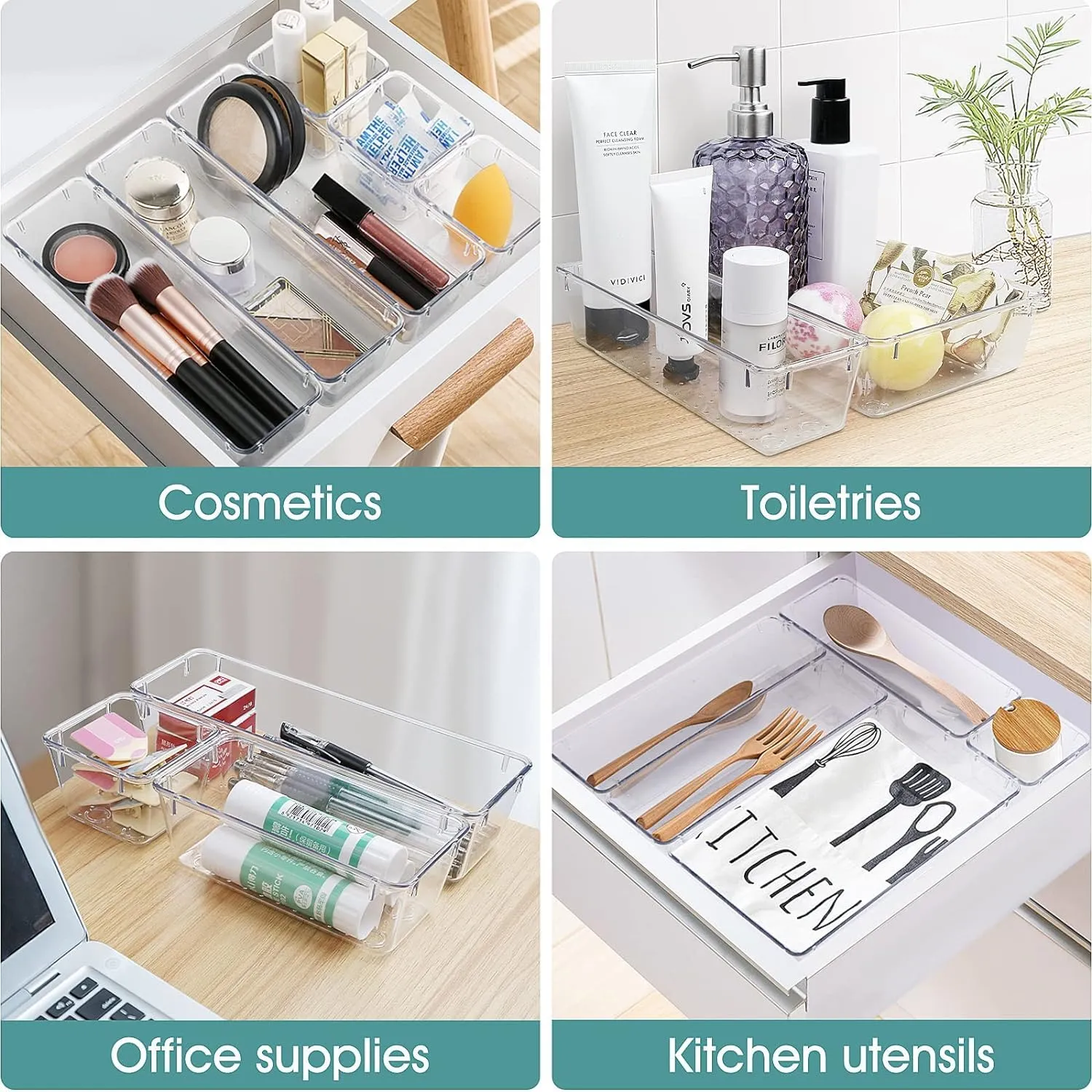 Kuber Industries Storage Organizer Set | Kitchen Organizer | Makeup Organizer Tray Set | Desk Drawer Divider Tray | Multi-Purpose Organizer Set | Stationery Organizer | 7 Piece Set | Transparent