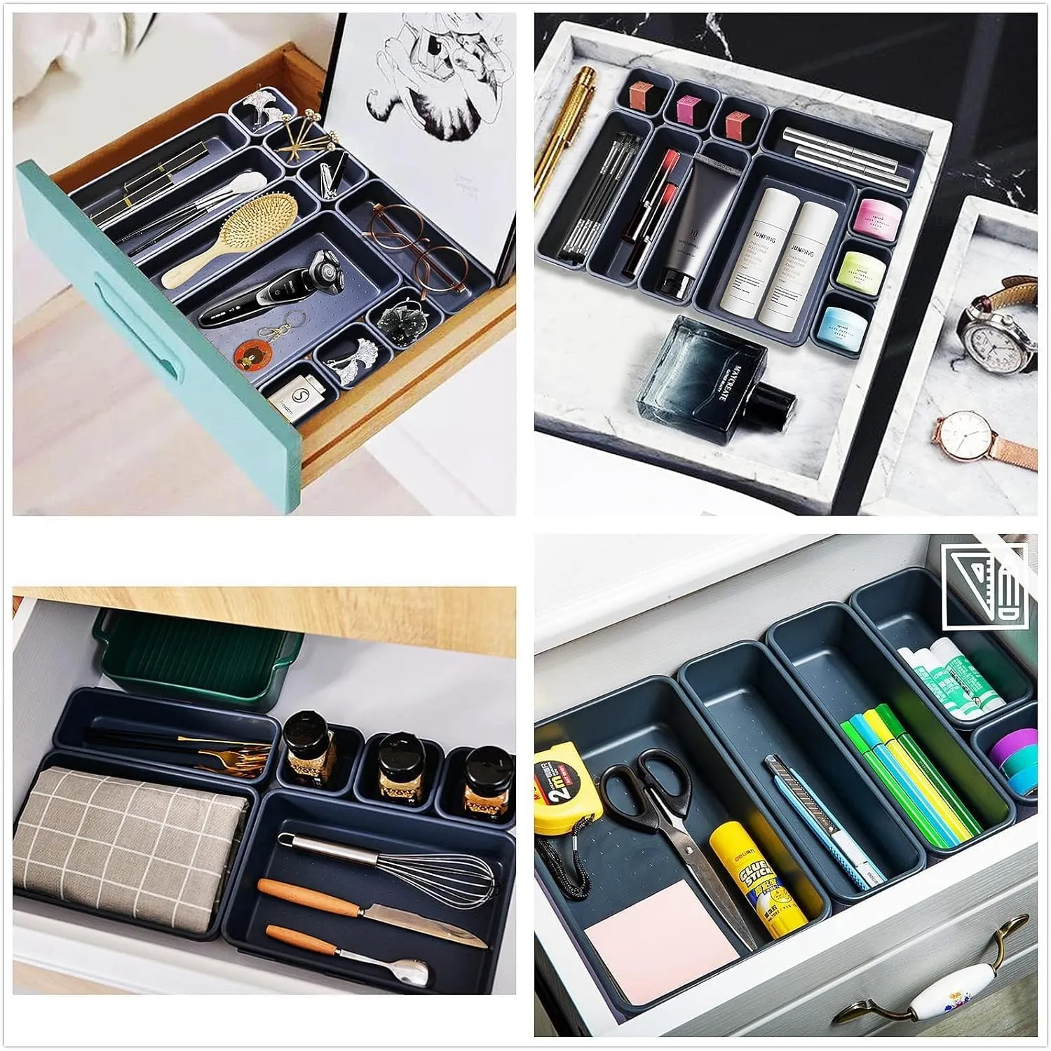 Kuber Industries Storage Organizer Set | Kitchen Organizer | Makeup Organizer Tray Set | Desk Drawer Divider Tray | Multi-Purpose Stationery Organizer with Interlock | 16 Piece Set | Black