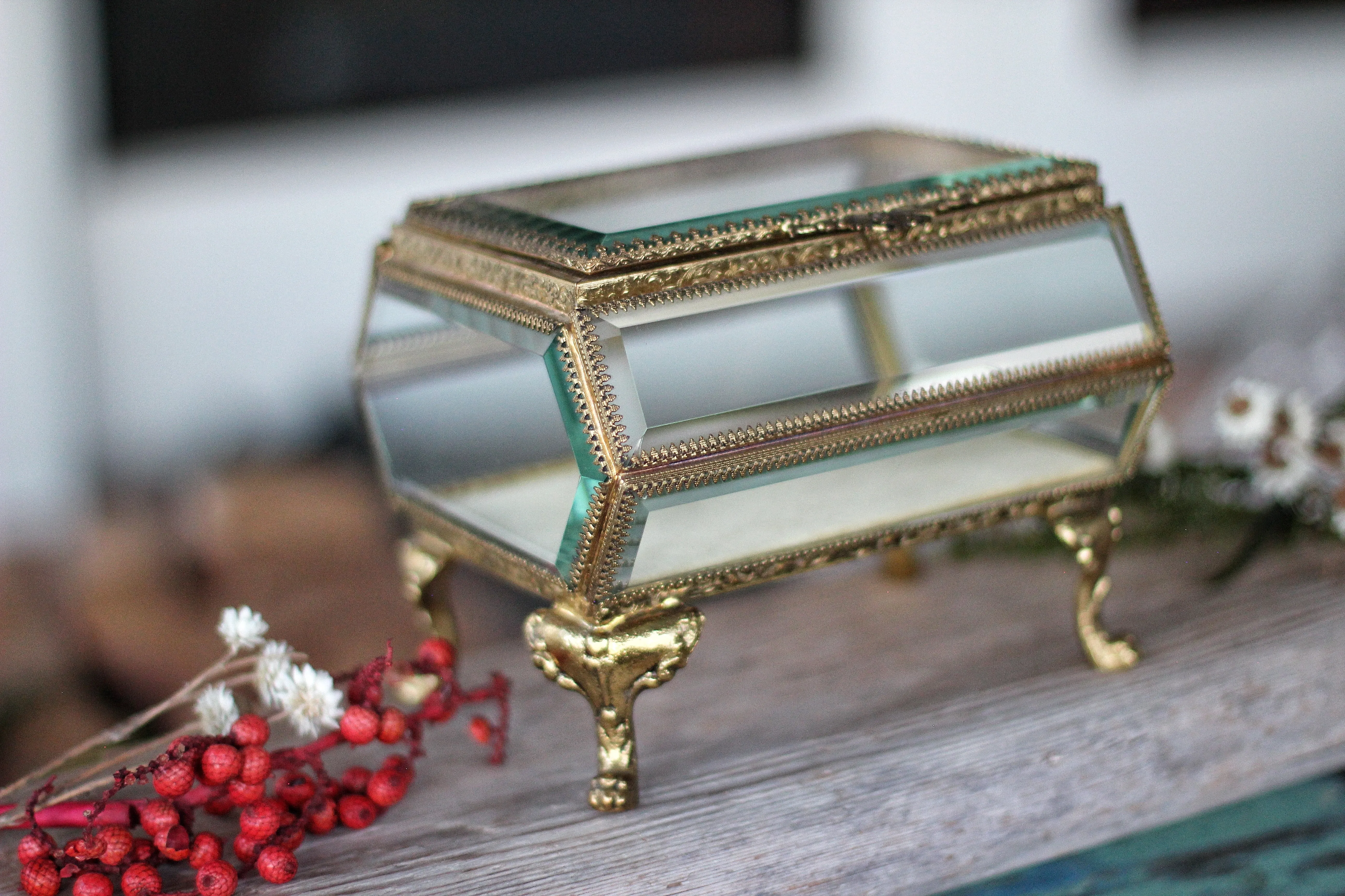 Large antique Beveled glass Jewelry Box