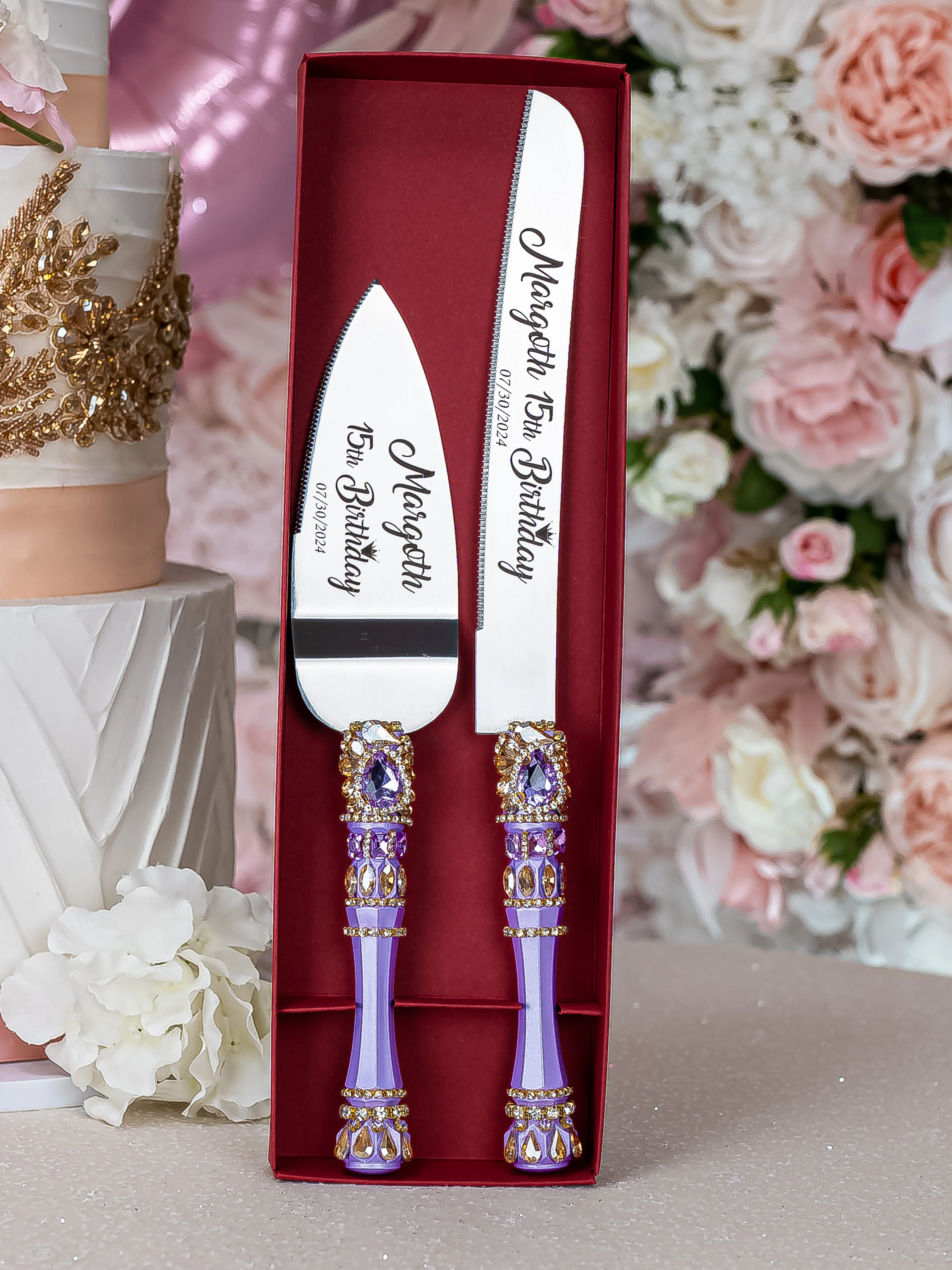 Lavender quinceanera cake knife and server