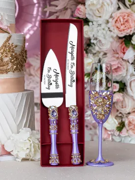 Lavender quinceanera cake knife set with 1 glass