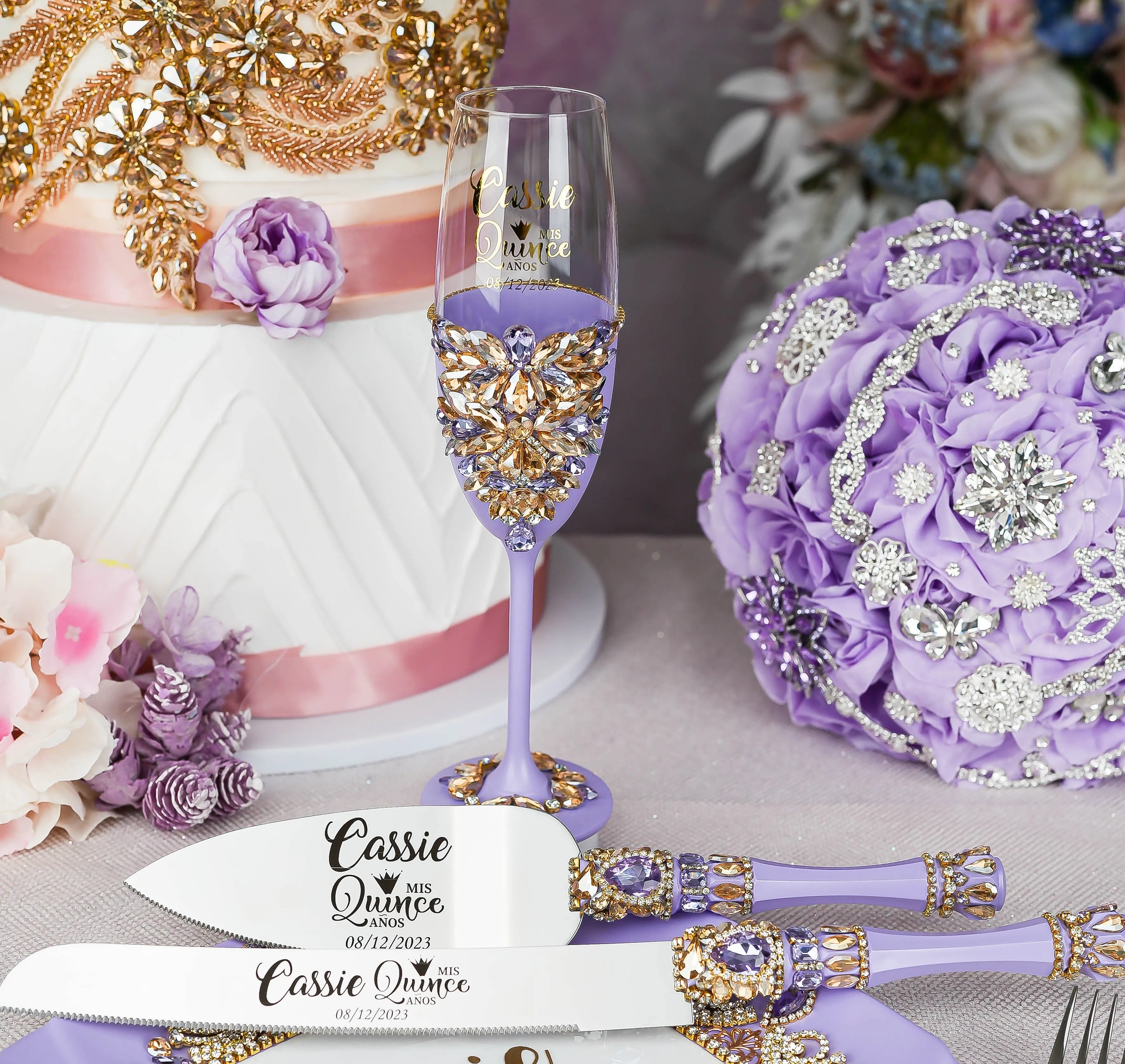 Lavender quinceanera cake knife set with 1 glass