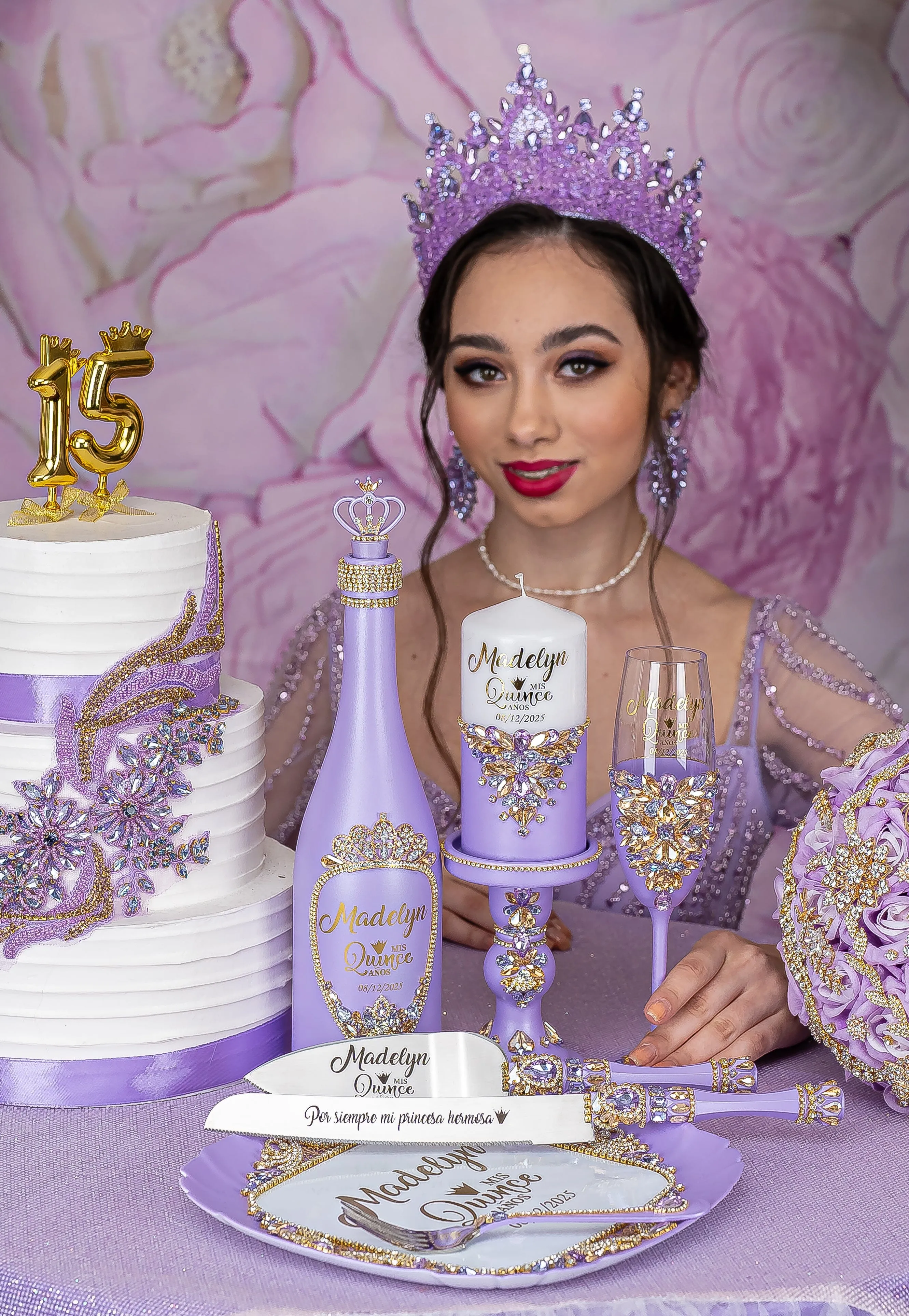 Lavender quinceanera cake knife set with 1 glass