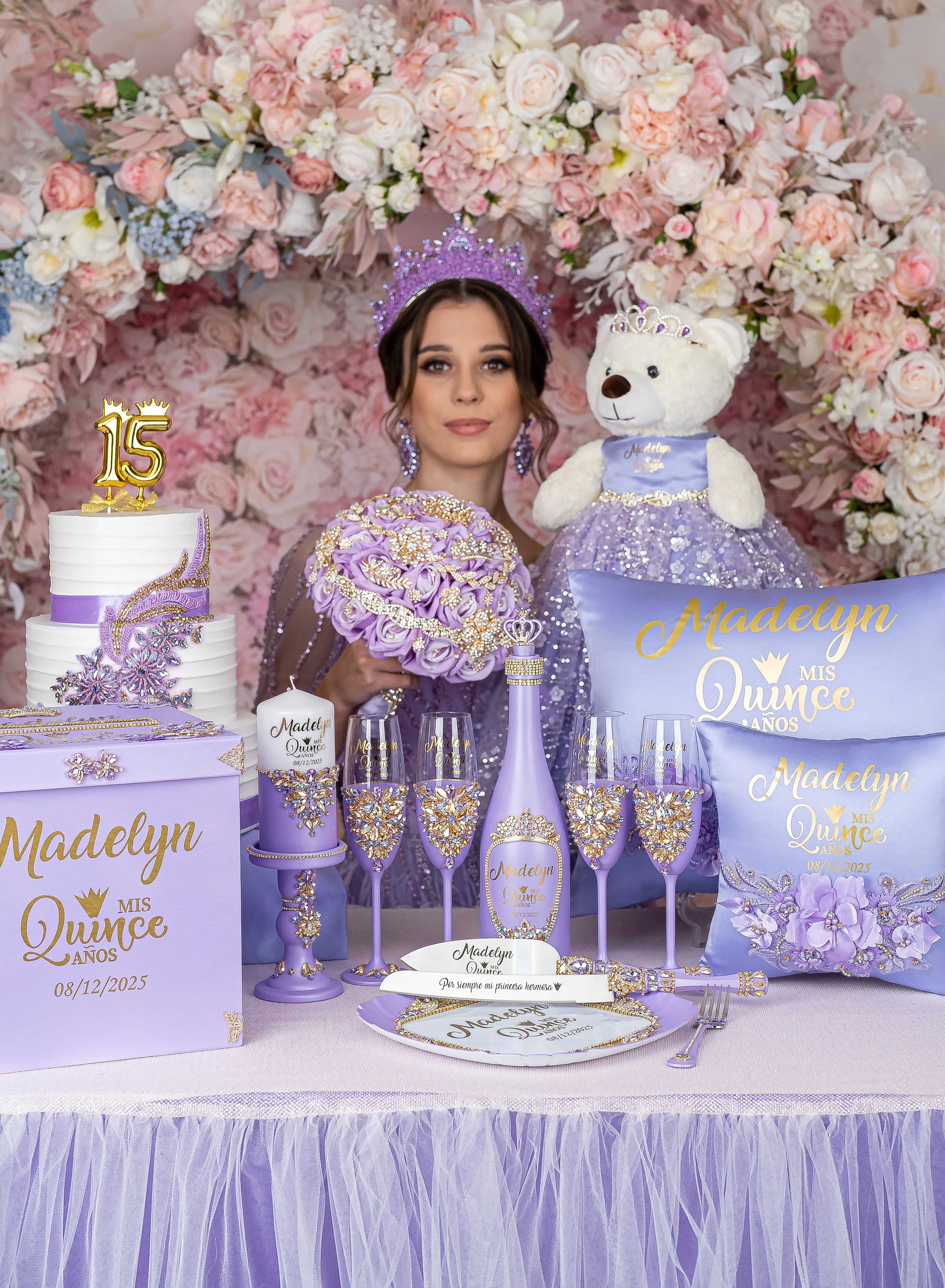 Lavender quinceanera cake knife set with 2 glasses