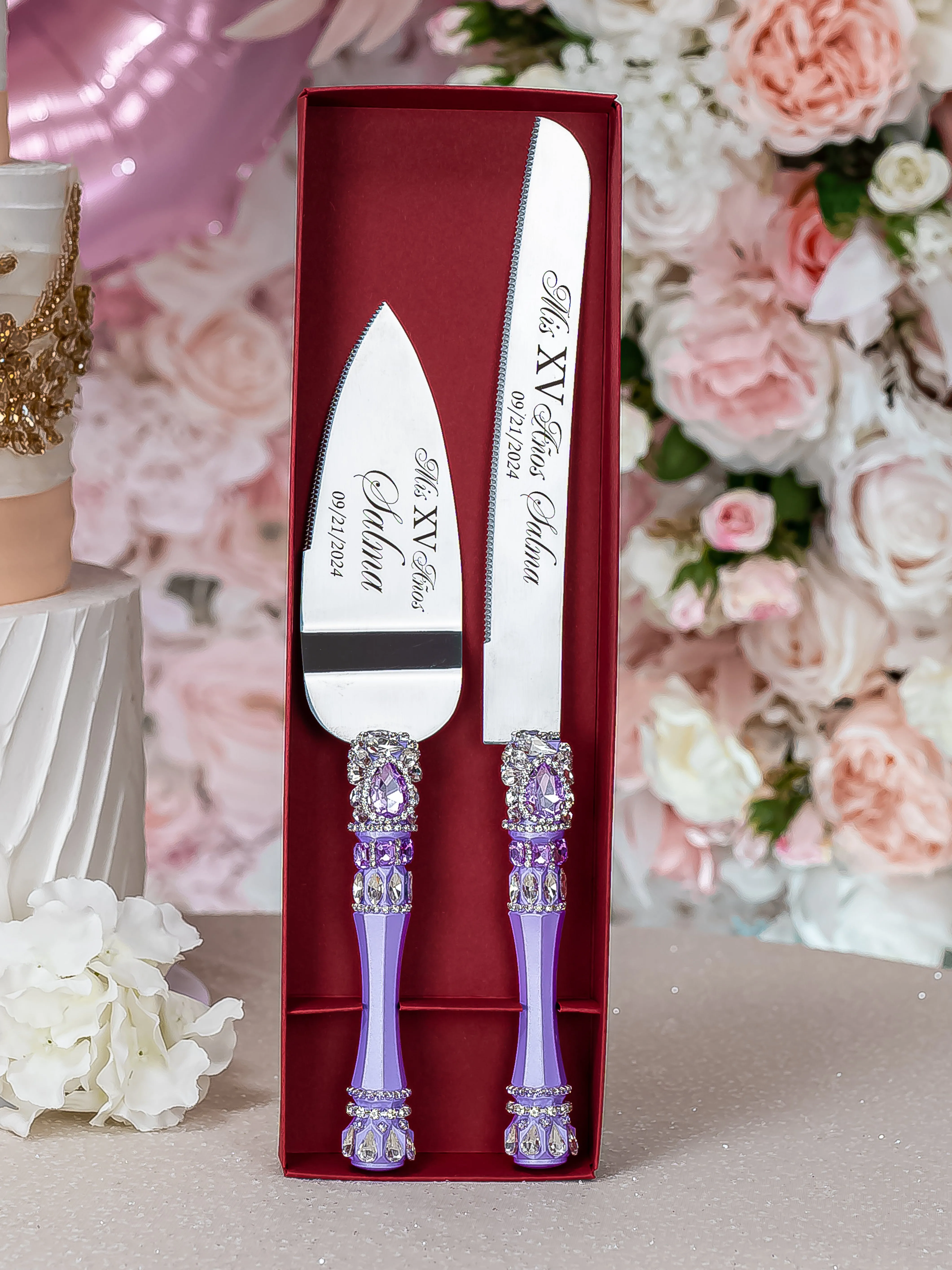 Lilac quinceanera cake knife and server