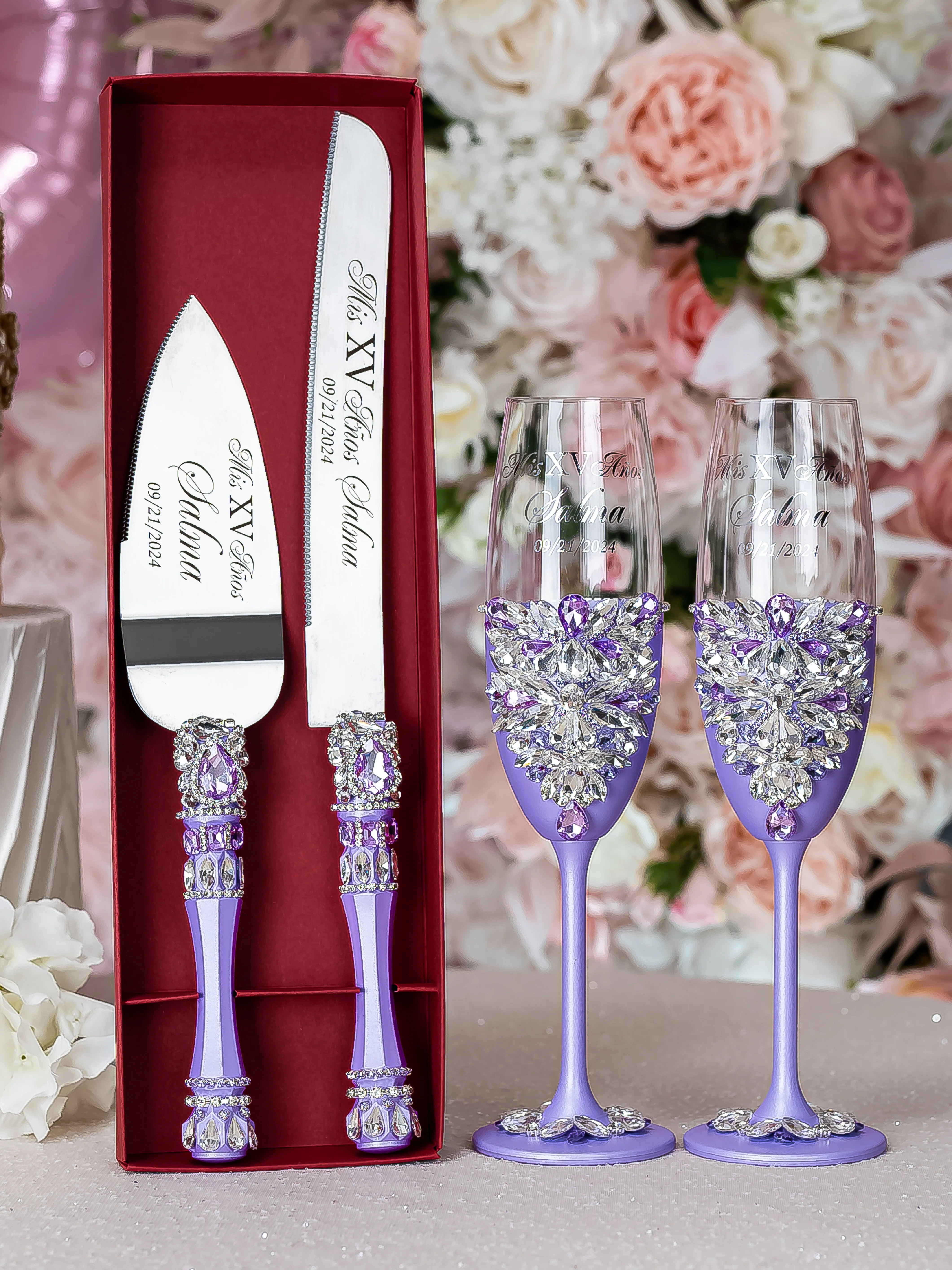 Lilac quinceanera cake knife and server