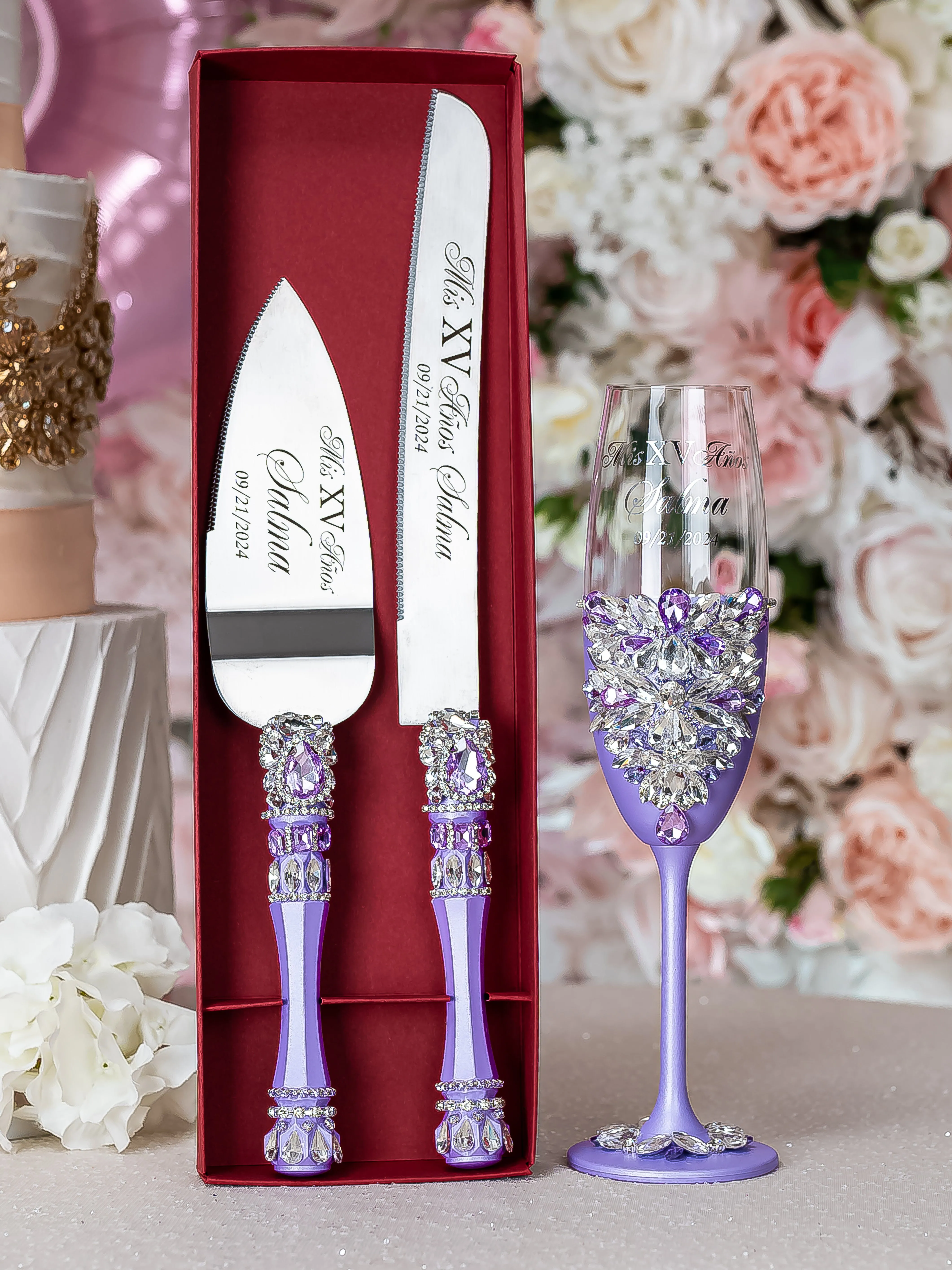 Lilac quinceanera cake knife set with 1 glass