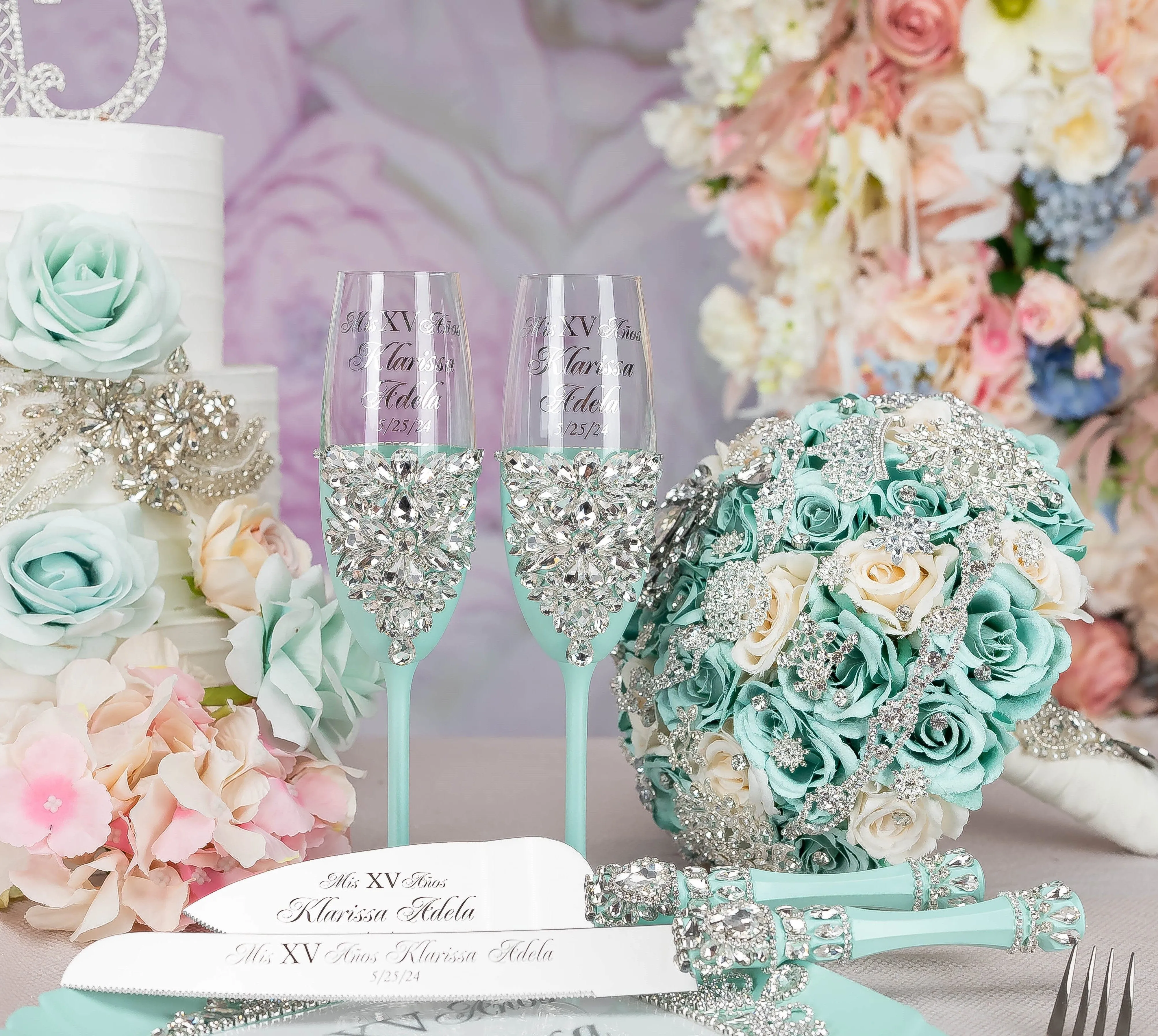 Mint Quinceanera cake knife and server