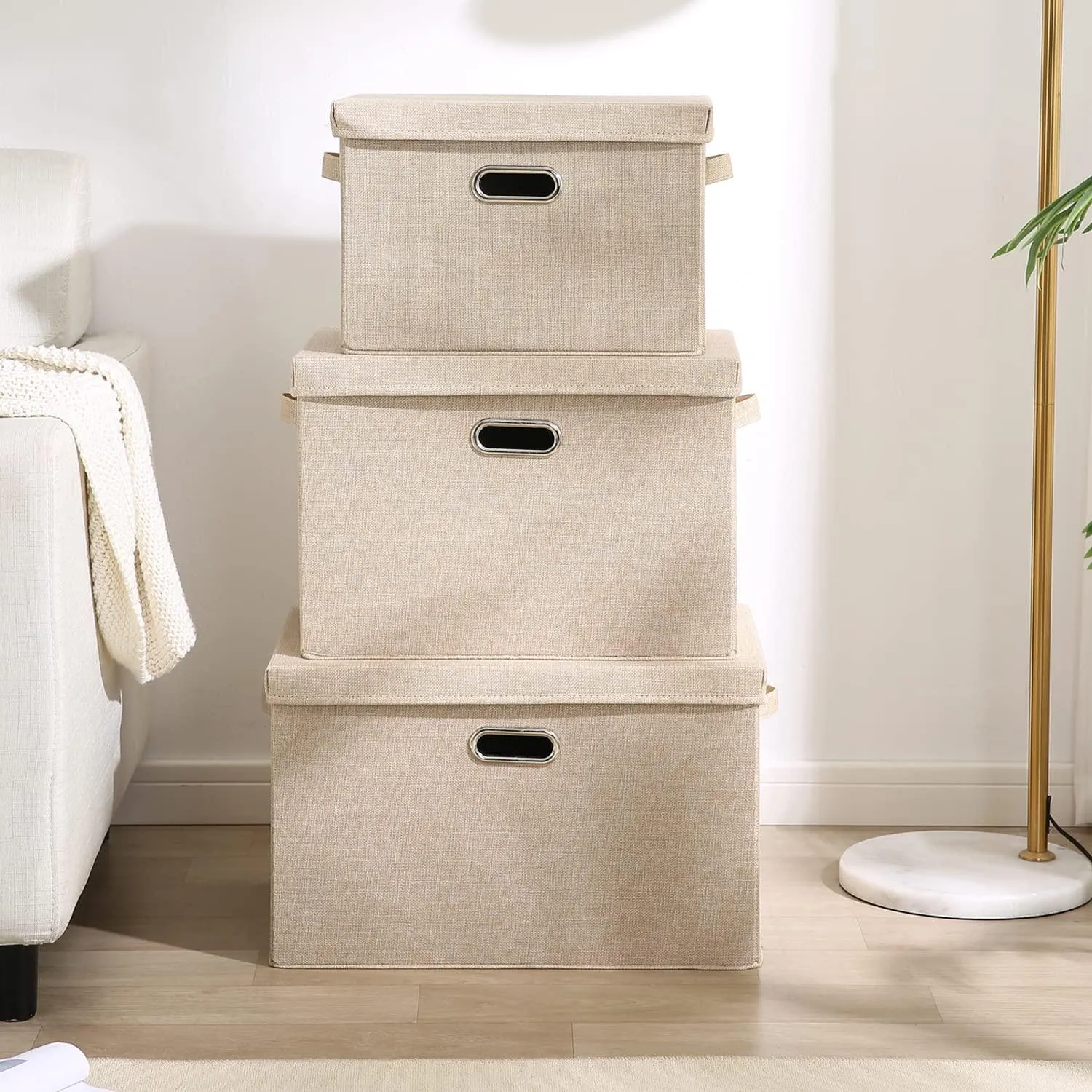 Multipurpose Foldable Storage Box with Lid, Extra Large 50x35x32 cm, Beige