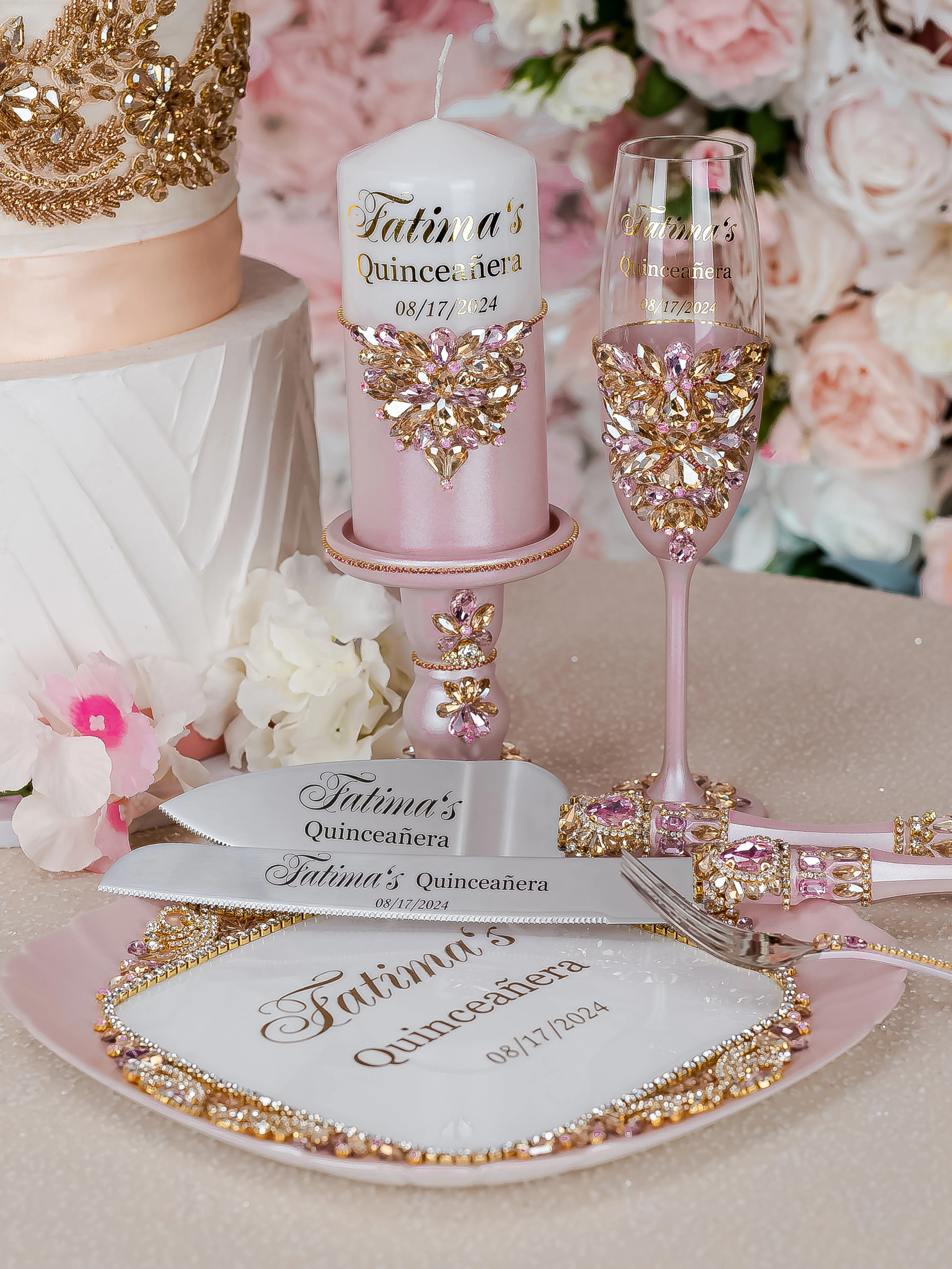 Pink and Gold quinceanera cake knife set with 1 glass